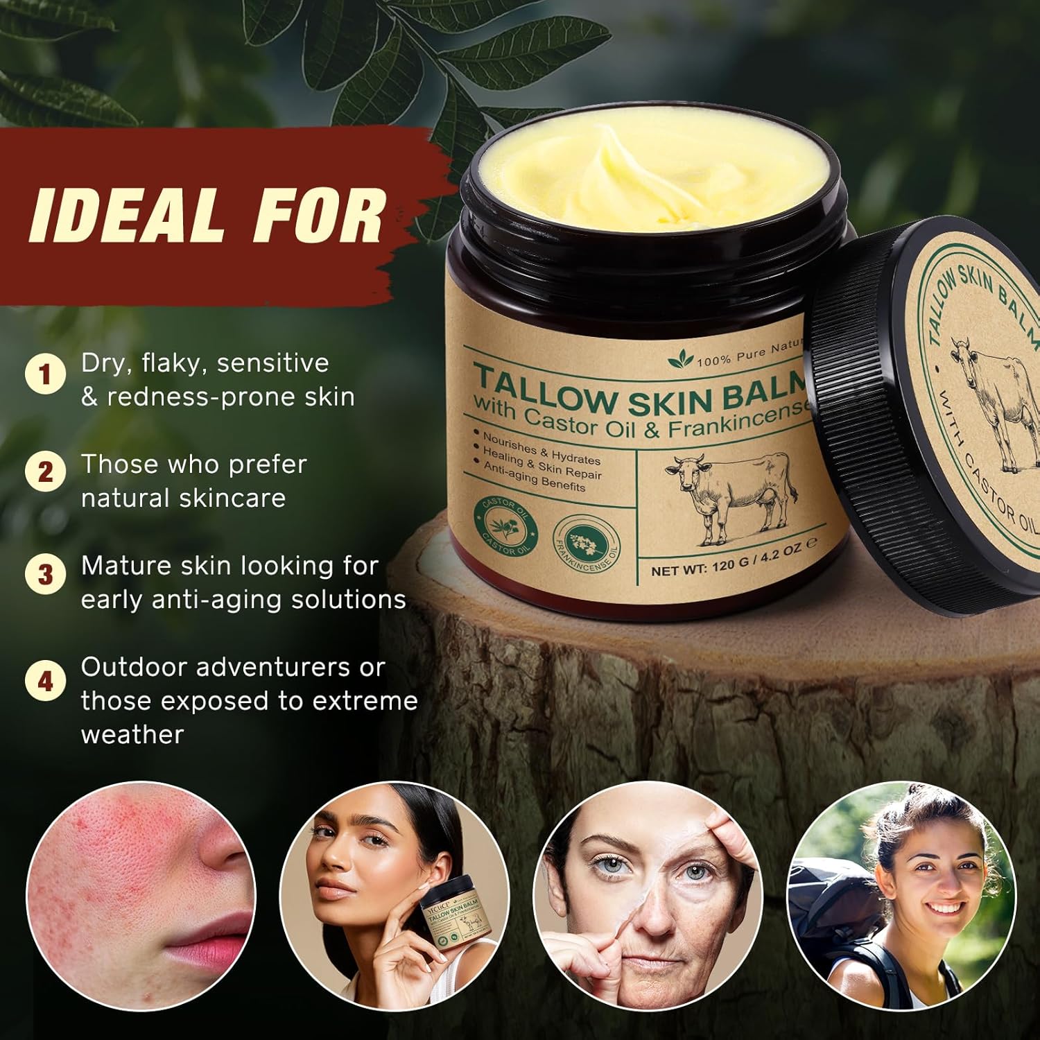 Tallow Frankincense Balm for Face/Body, 100% Grass-Fed Beef Tallow & Castor Oil & Frankincense Oil Moisturizer for Deeply Hydrating/Skin Barrier Repair/Lifting/Firming, Natural,4.2 Oz/120 G - Image 8