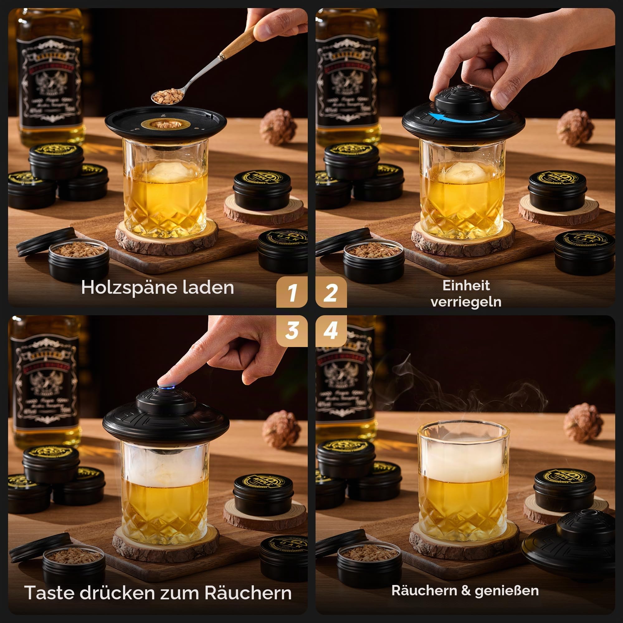 ComboJoy Elektrisches Whisky-Räucherkit mit LED, 6 Aromaholzspäne, Whisky-Glas & Eisform, wiederaufladbarer Cocktail-Räucheraufsatz – Bourbon Geschenk für Männer, Vater & Ehemann, Schwarz