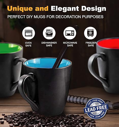 Miniatura 4 de Bruntmor Juego de 6 tazas de capuchino con platillos de 6 onzas, color negro mate y de cerámica de 16 onzas, tazas de café negras mate para