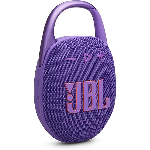 JBL Clip 5 - Ultra-Portable, Waterproof & Dustproof Bluetooth Speaker, Big Pro Sound with Punchy bass, Integrated Carabiner, Up to 12 Hours of Play, Made in Part with Recycled Materials (Purple)