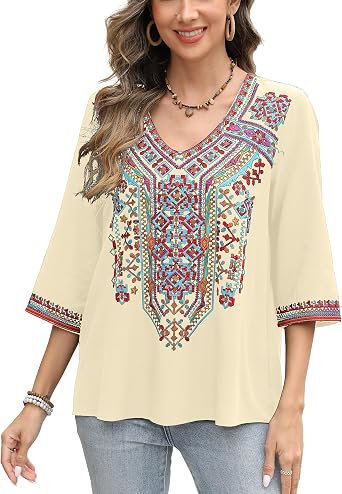 AK Mexican Embroidered Tops for Women Boho Floral 3/4 Sleeve Peasant Blouses Summer Casual Boho Clothes Hippie Shirt