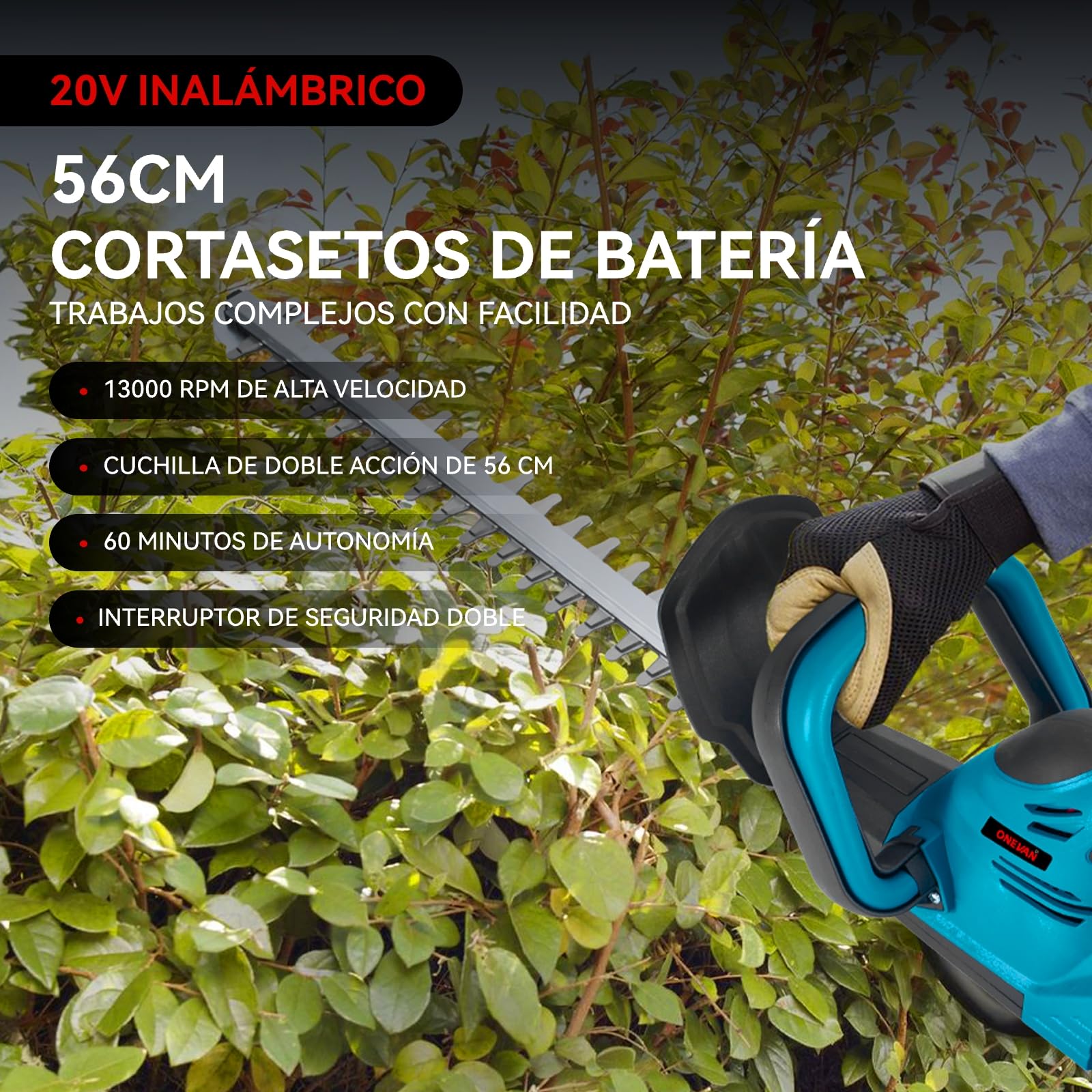 ONEVAN Cortasetos bateria, 500w Cortasetos electrico con batería de 2x3.0ah ed cargadore, 22", Cuchilla de 56 cm, 15mm Entre Dientes, 13000rpm, Cortasetos inalámbricos para arbustos, jardín, césped