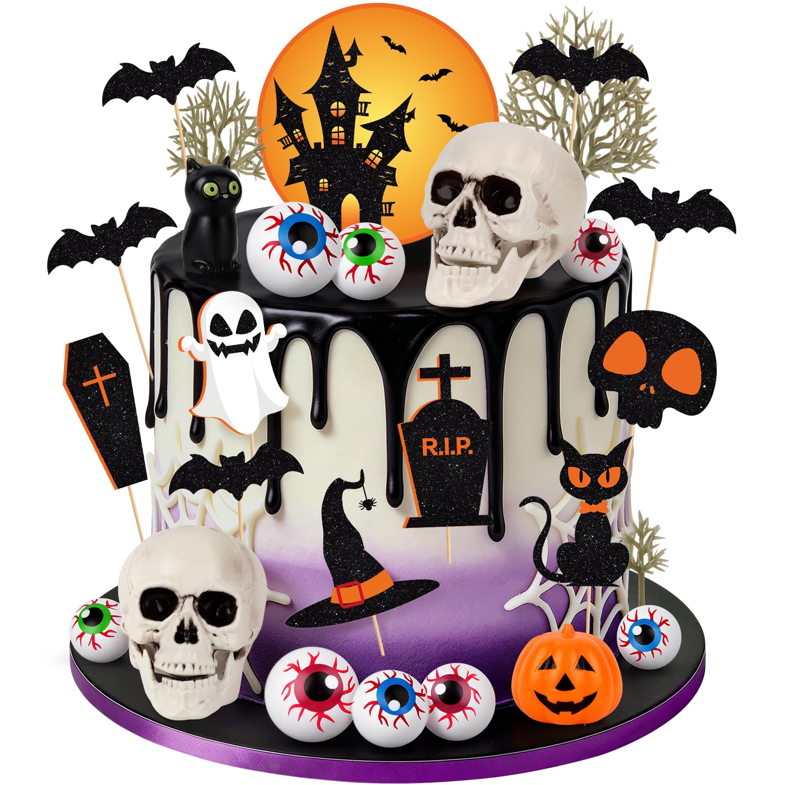 28 Pieces Halloween Themes Cake Decorations Set with Pumpkin, Ghost, Spider, Wizard, Cat Cake Toppers & Cupcake Toppers for Halloween Night Theme Birthday Party Decorations