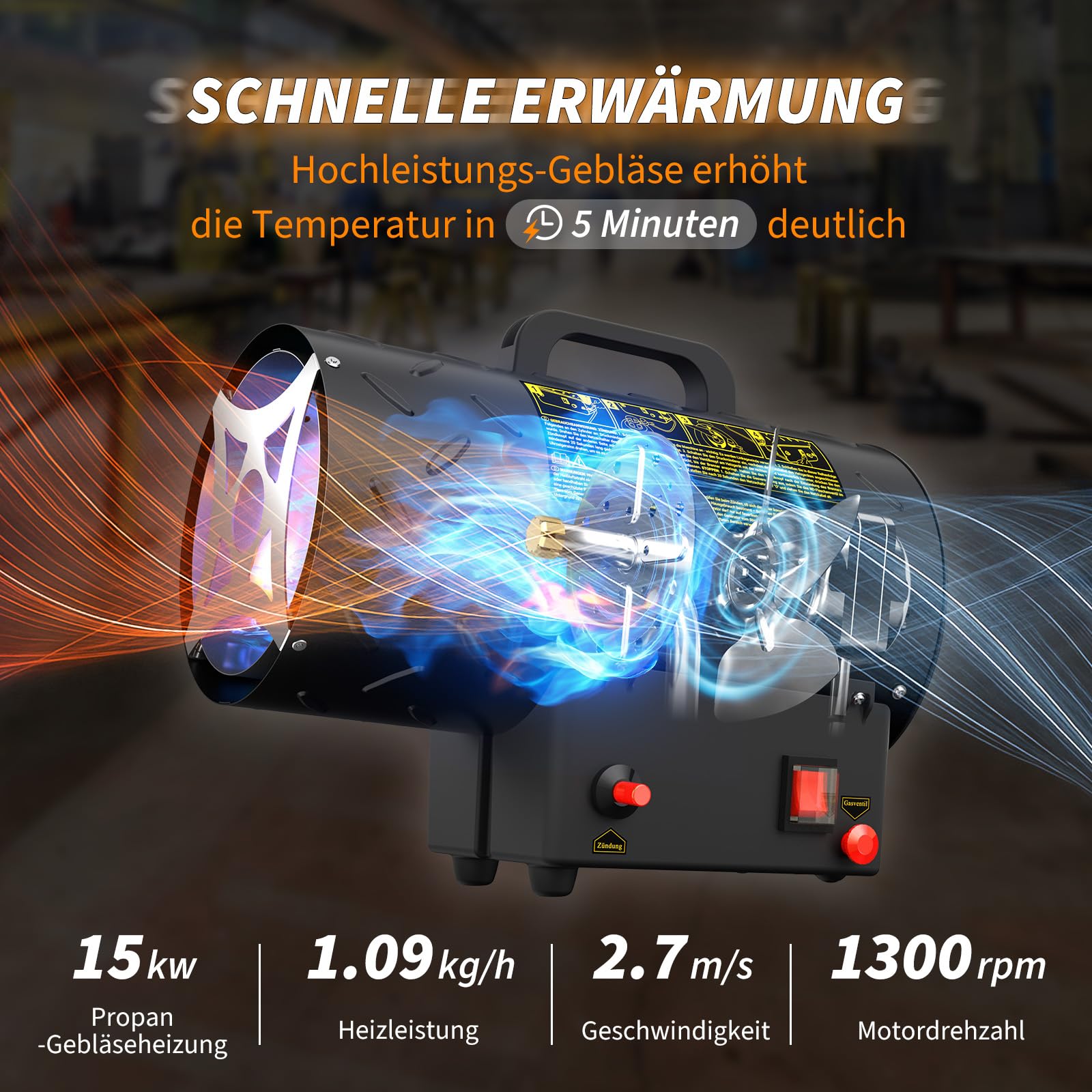 Gasheizung für innenräume,15KW Gas Heizgebläse, Gasheizgerät Gasheizer Gasheizgebläse Propangasheizgebläse 320 m³/h Luftdurchsatz, inkl. 1,4m Gasschlauch und 700 mbar