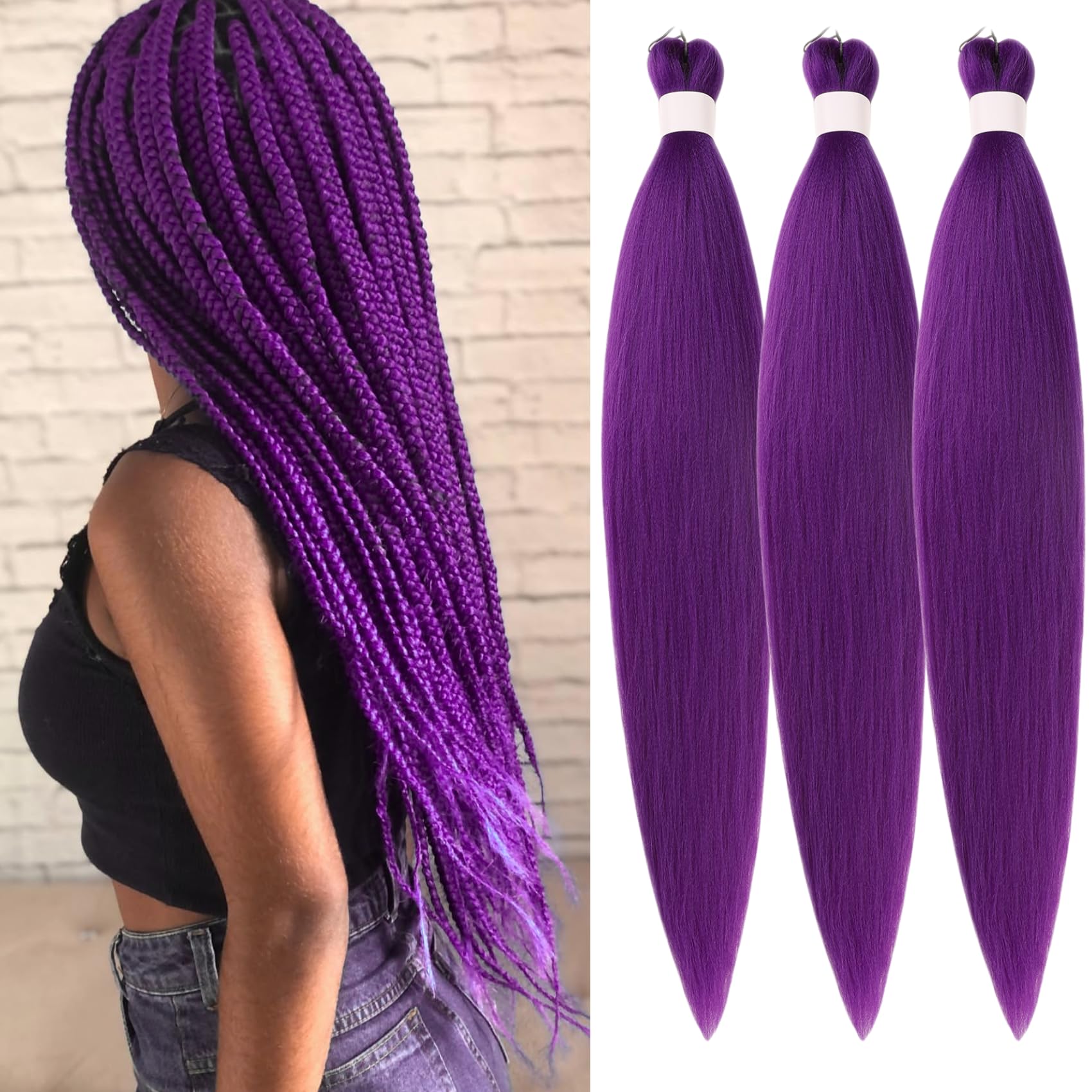 Gozill Purple Braiding Hair Pre stretched Purple Hypoallergenic Non Toxic Braiding Hair Extensions Synthetic Prestretched Knotless Ez Braid