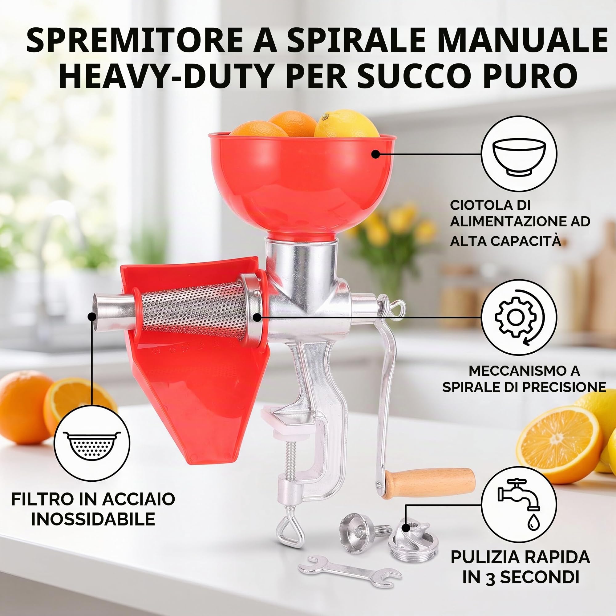 Spremipomodoro Manuale - Spremifrutta a Mano con Grande Capacità, Filtro in Acciaio Inossidabile, Facile Installazione e Pulizia, Spremiagrumi Multiuso per Pomodoro, Arancia, Limone, Ideale