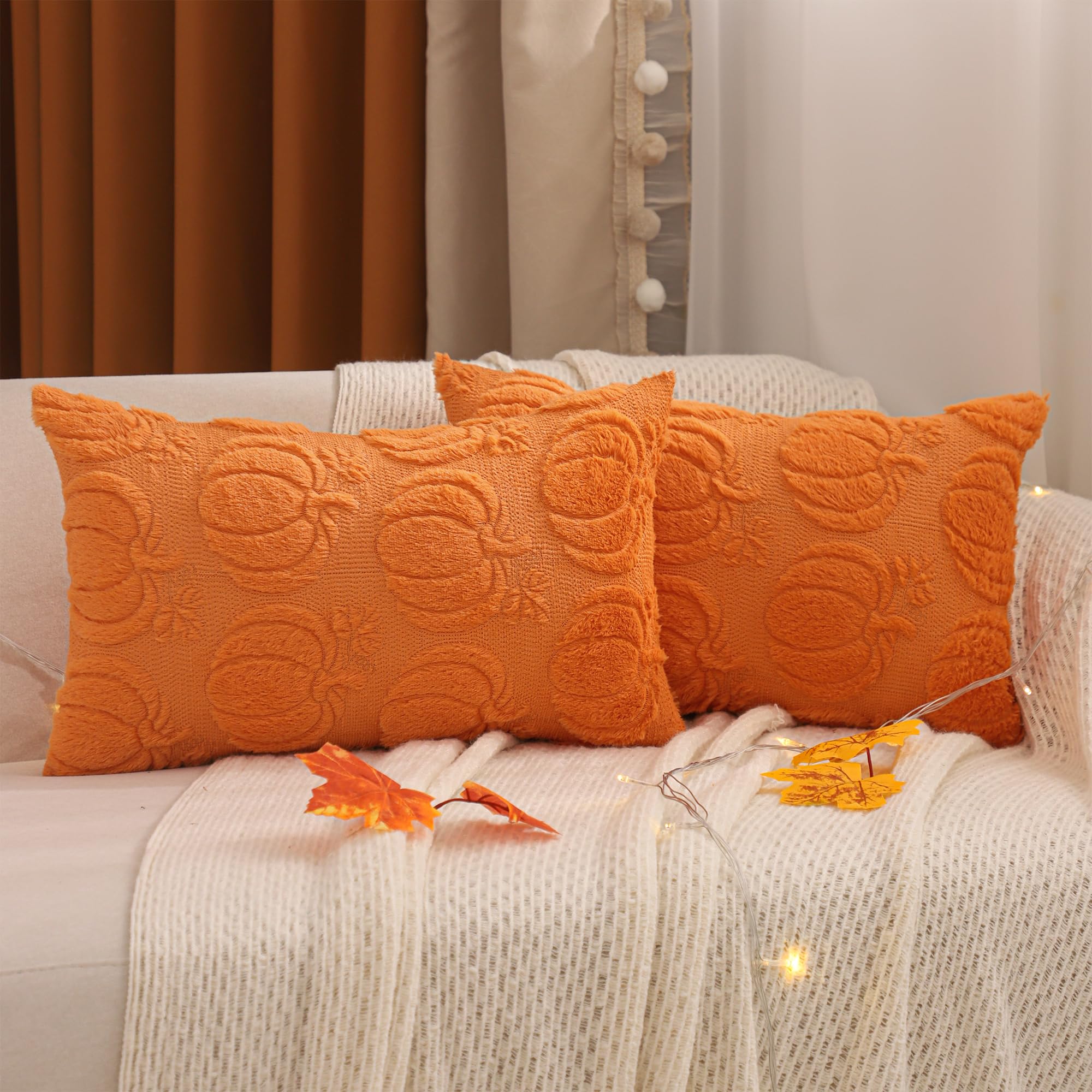 2er Set Halloween Kissenbezüge Mit Kürbis-Stickerei - Herbstdeko Für Sofa & Wohnzimmer In Beige 50x50cm