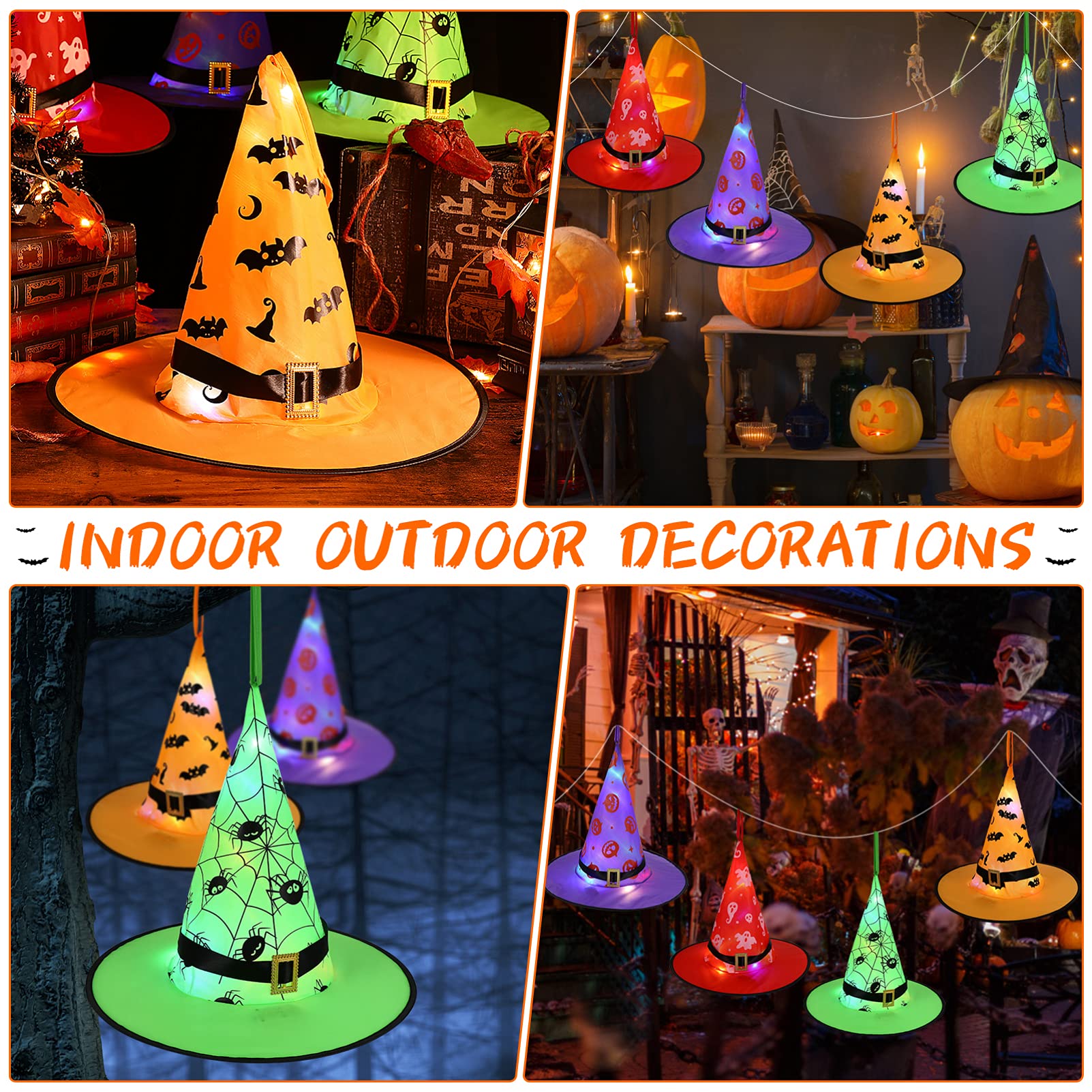 Lot de 8 chapeaux de sorcière lumineux à suspendre pour décoration d' Halloween en plein air, arbre, porche, cour (violet/orange/rouge/rouge Lot de 8 chapeaux de sorcière lumineux à suspendre pour décoration d' Halloween en plein air, arbre, porche, cour (violet/orange/rouge/rouge
