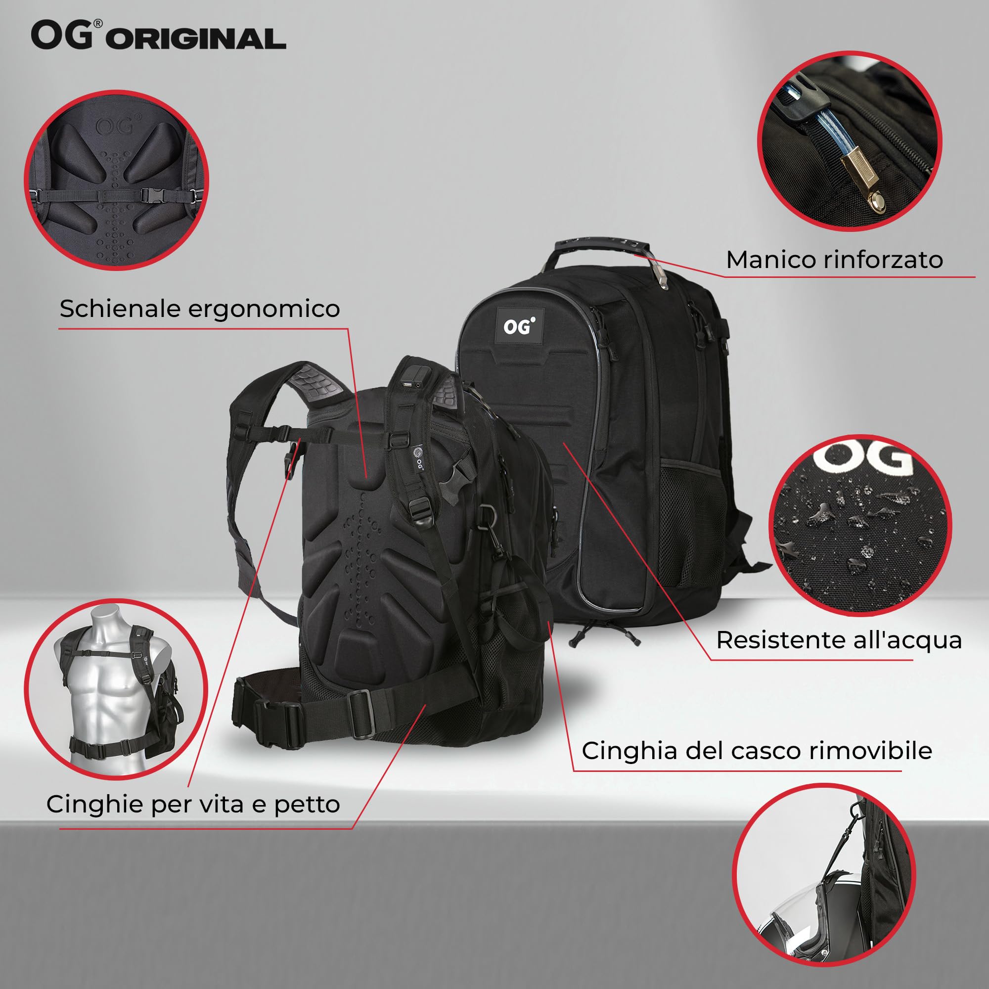 OG Original CityRunner Zaino Moto, Impermeabile, Espandibile 30-35L, Borsa Porta-Casco Moto, Cinturino per Casco, Grande Capacità, Laptop, Rifrangente, USB