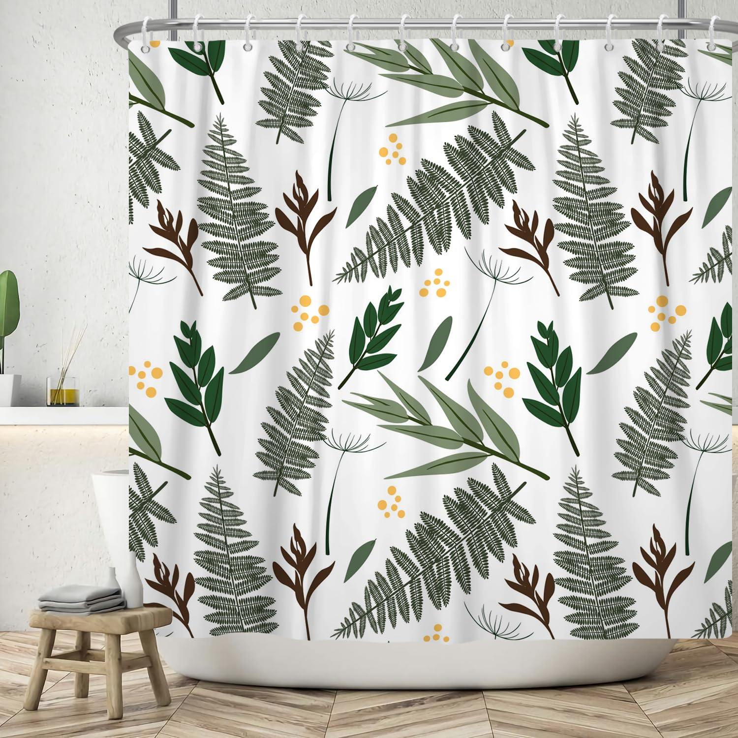 ASDCXZ Leaves Shower Curtain 120x180 cm, Spring Simplicity Green Brown Leaves Yellow Spot White Bath Washable Shower Curtains Polyester Textile Waterproof Bath Curtain for Bathtub with 8 Hooks โ image 1