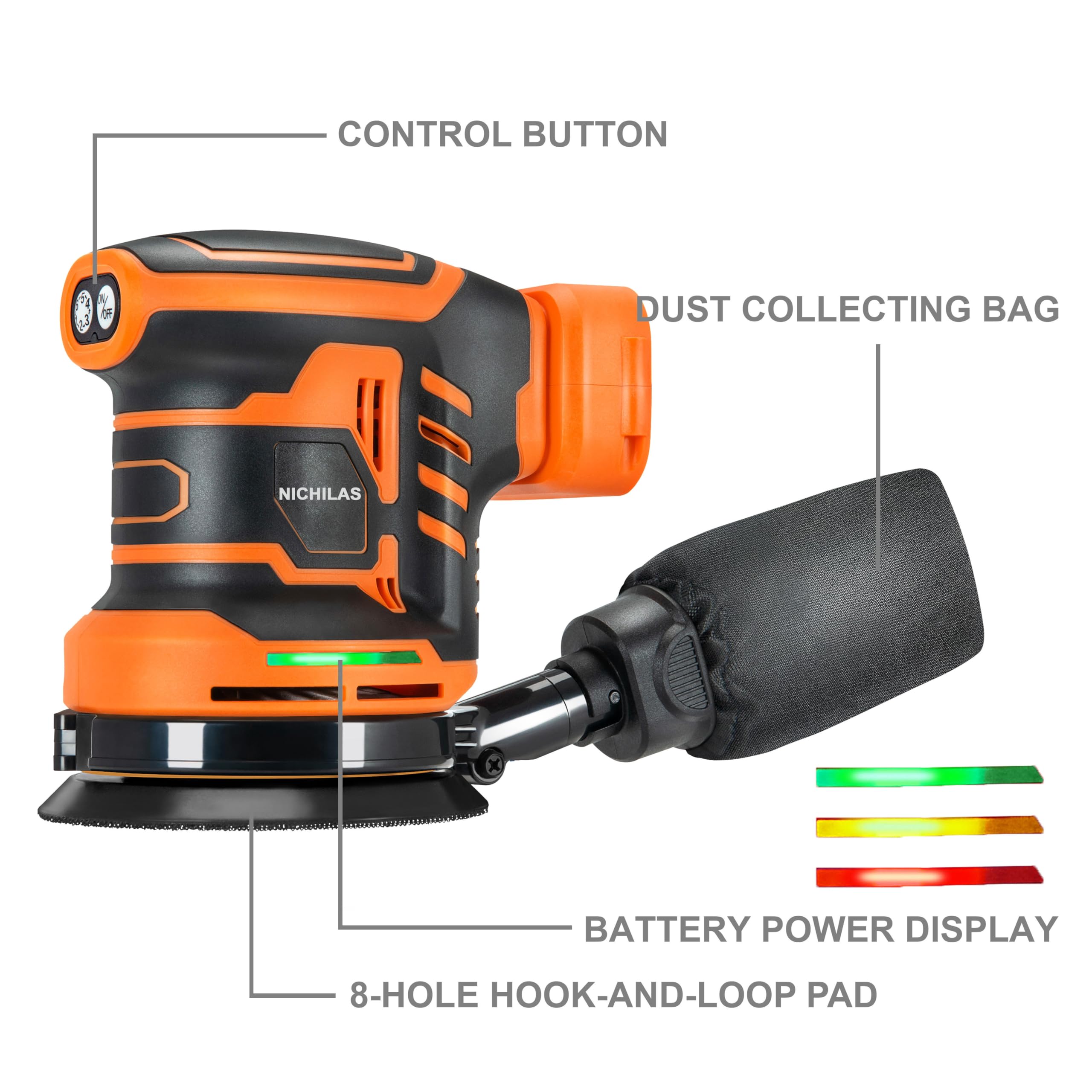 Lijadora orbital aleatoria, motor sin escobillas inalámbrico, 6 velocidades máximo, 13500 RPM, lijadora eléctrica de 5 pulgadas con colector de polvo para batería Dewalt (batería no incluida)