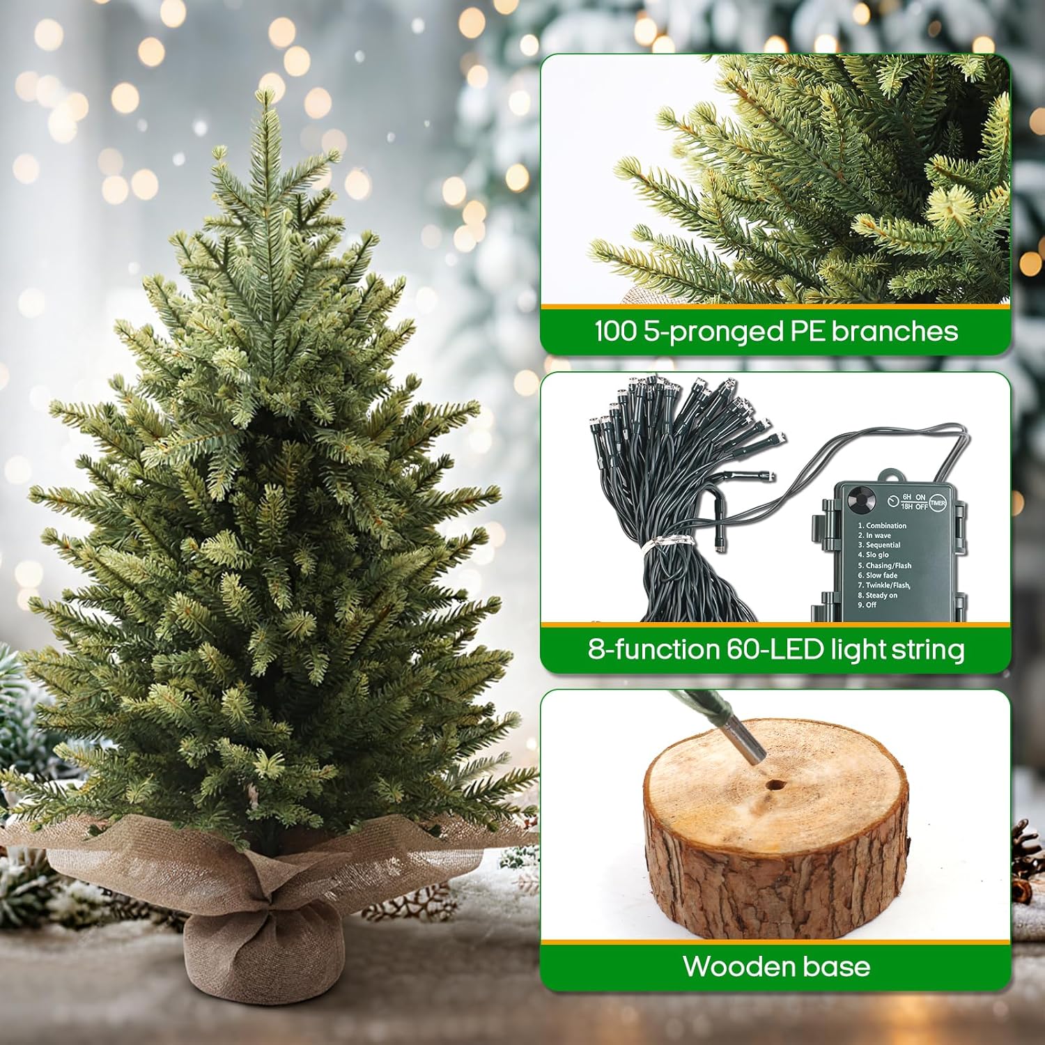 24 Inch Mini Tabletop Christmas Tree, Artificial Nordic Spruce Christmas Tree with 60 LED Light Beads and 100 PE Branch Tips Battery Powered for Home Office Xmas Decor