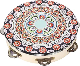Karlak Pandeiro de Madeira Portátil Resistente e Multifuncional para Festa de Igreja, Material PU Madeira Faia (Flor Vermelha)