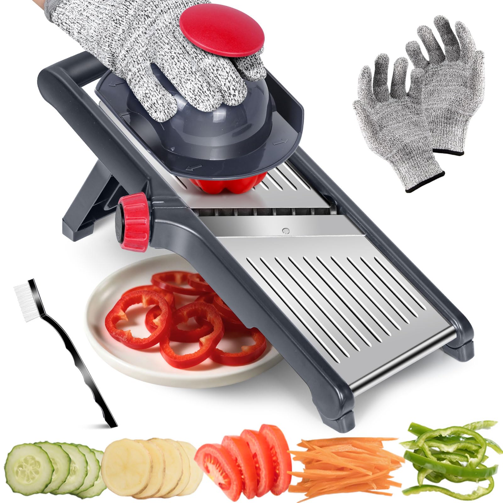 Safety Mandoline Slicer with Gloves & Brush | Pawchop All-in-One Multi Vegetable Slicer for Potato, Cabbage, Onion | Vegetable Chopper for Kitchen | Stainless Steel Blades & Easy Clean Design