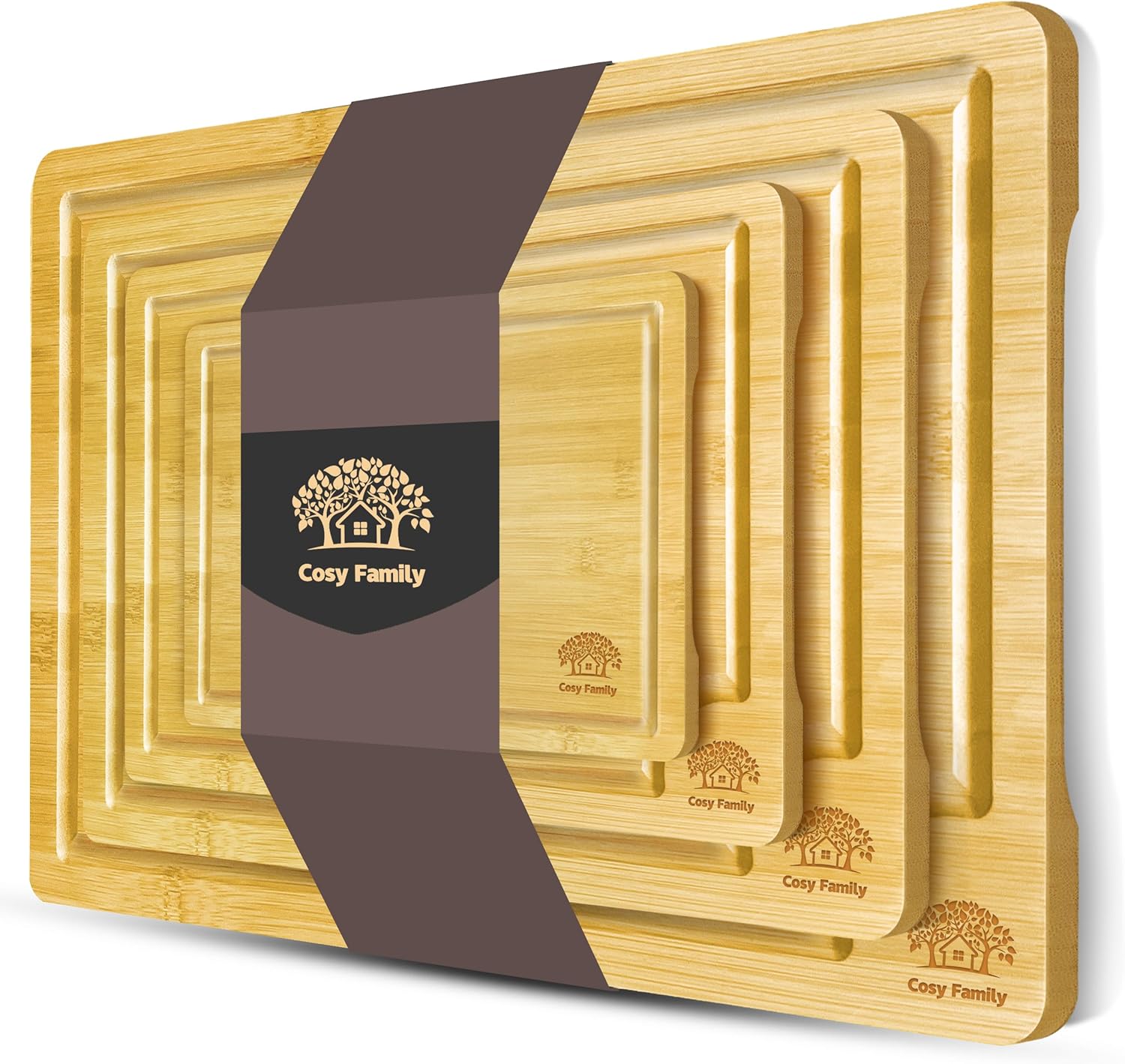 *one is dirty*Cosy Family Wood Cutting Boards for Kitchen - Set of 4 - Bamboo Cutting Boards with Juice Groove, Serving Board Set, Thick Chopping Board for Meat, Veggies, Easy to clean