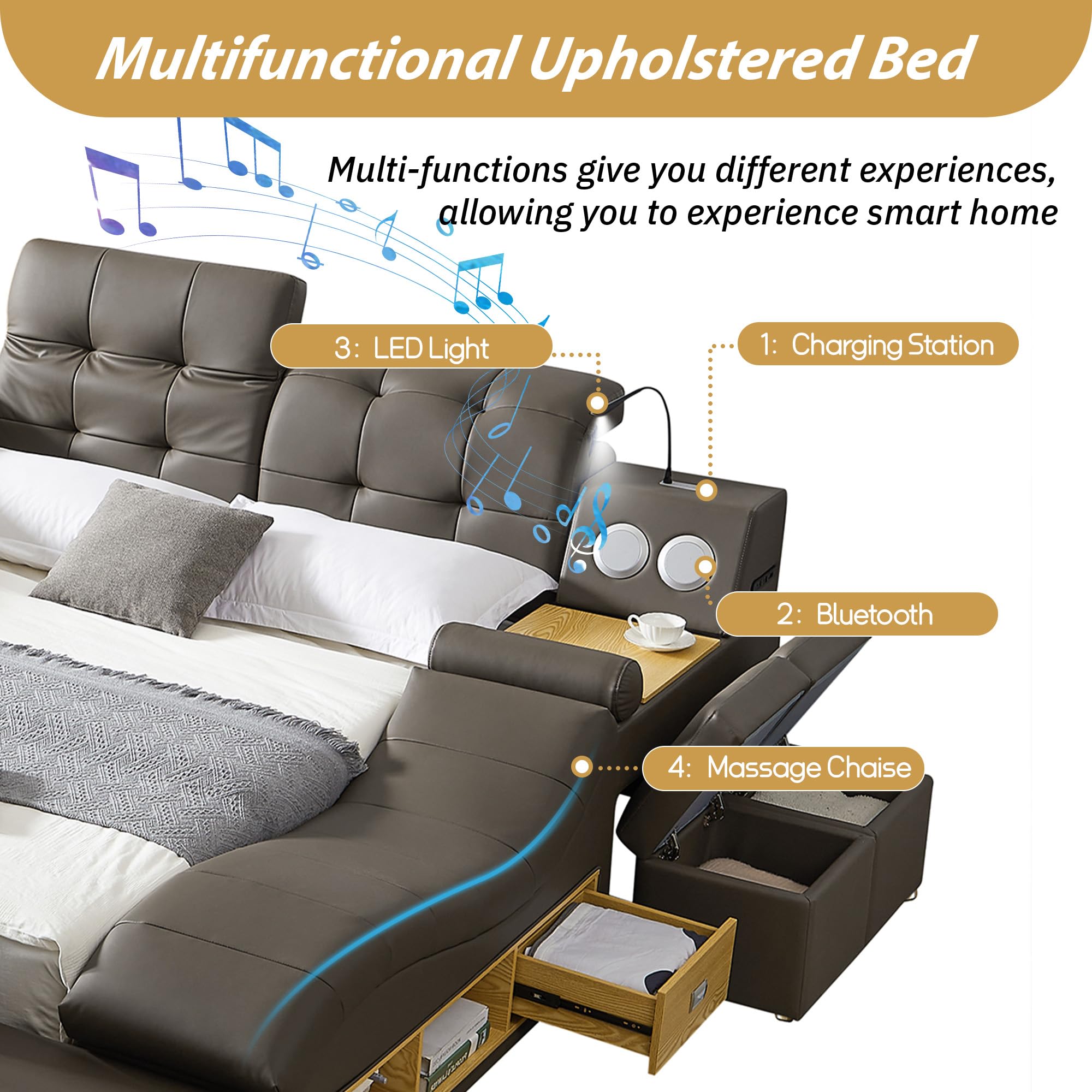 Multifunctional Queen Bed Frame, Gray Luxury Smart Bed Frames with Massage  Chaise Lounge on Right, Modern Bed with Bluetooth Speakers USB Charging