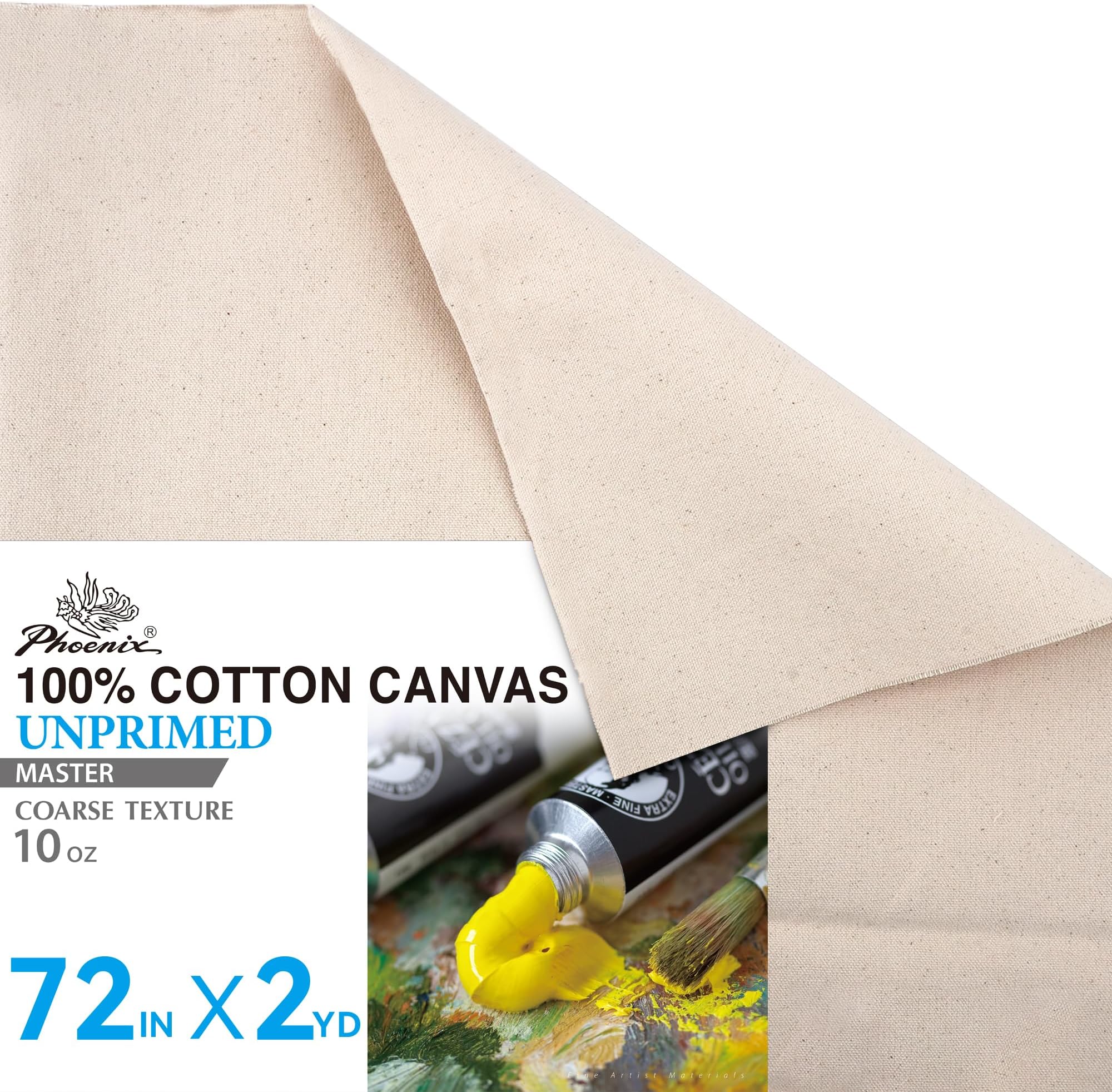 PHOENIX Unprimed Canvas Fabric by The Yard - 72 Inch x 2 Yard (6ft) 10 oz Heavy Duty Cotton Duck Cloth for Oil & Acrylic Painting, DIY Stretching and Professional Art Projects
