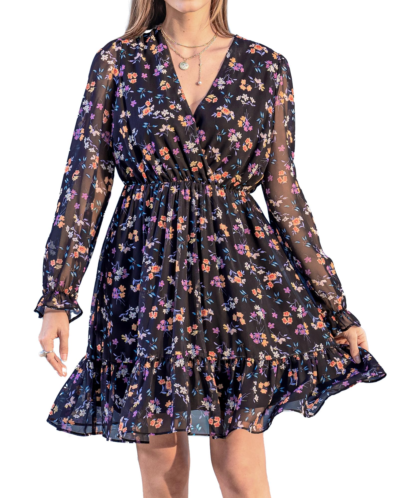 Blumenmuster Minikleid Damen, Langarm Chiffon Kleid mit V-Ausschnitt und Rüschen, Elegantes Freizeitkleid für Frühling & Sommer