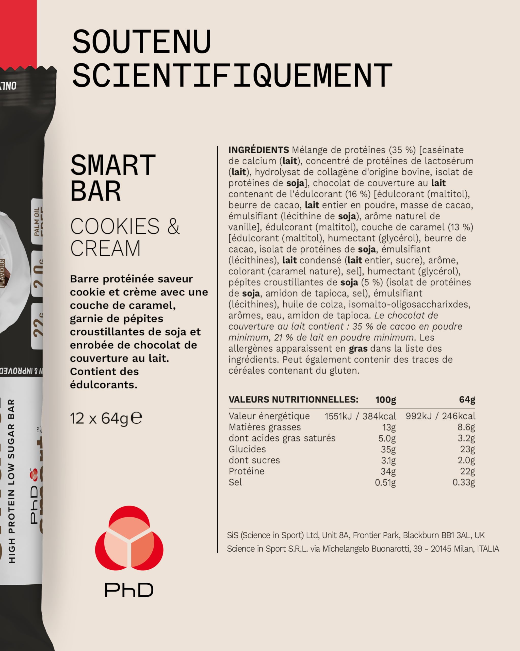 PhD Nutrition Smart Bar Barre Protéinée 12 x 64g Cookies & Cream - Encass protéinée riche jusqu’à 22g de protéines et peu de sucre, barre adaptée aux macros