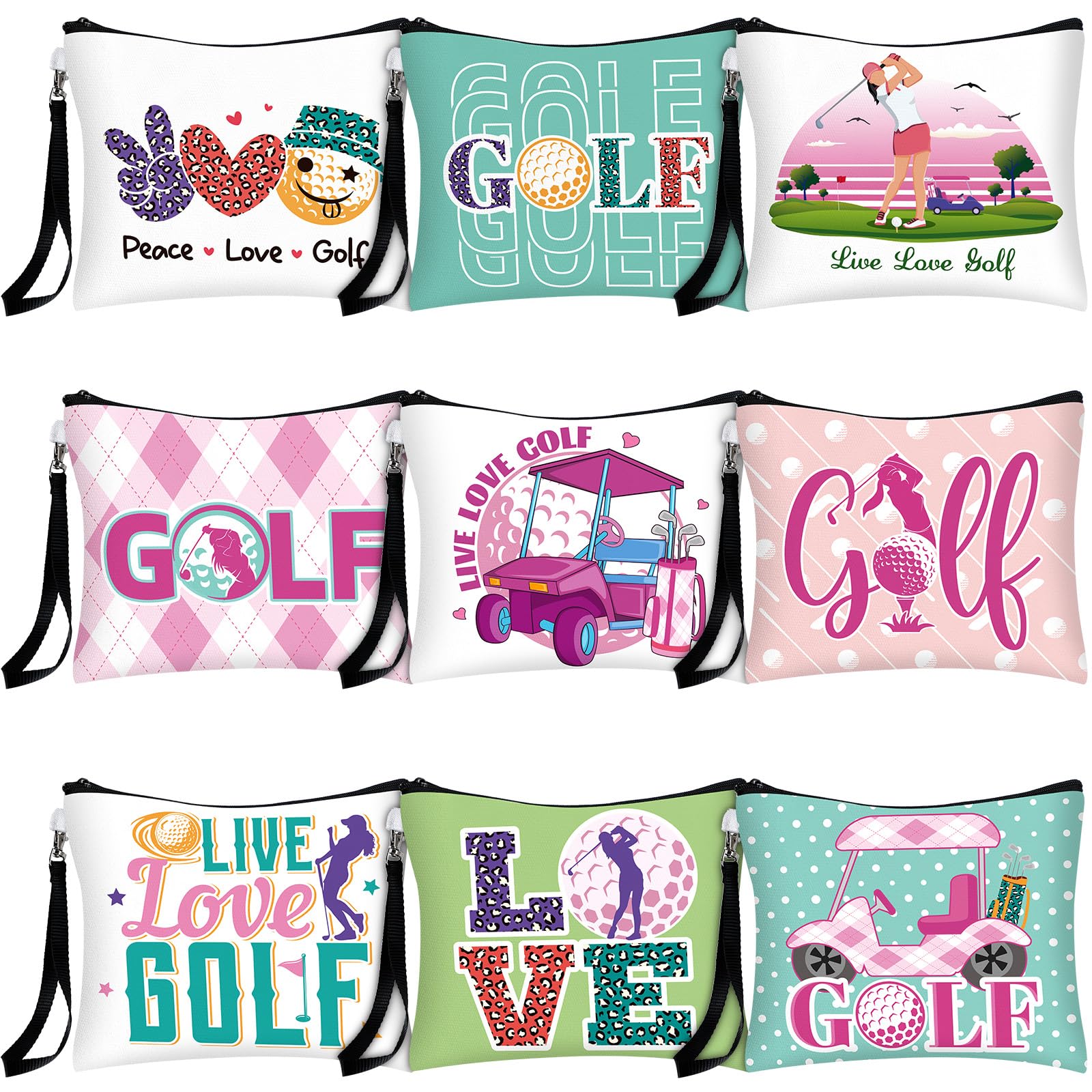 Skylety 9 Pieces Golf Gift Cosmetic Bags Golf Makeup Bag Pouch Cosmetic Toiletry Organizer Case for Golfer Team Ladies(Colorful Style)