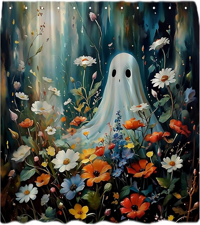 Spooky Halloween Ghost Shower Curtain Halloween Ghost Cute Funny Night Blue Watercolor Boho Floral Plant Gothic Fantasy Creepy Horror Cartoon Happy Holiday Fabric Bath Curtain with Hook