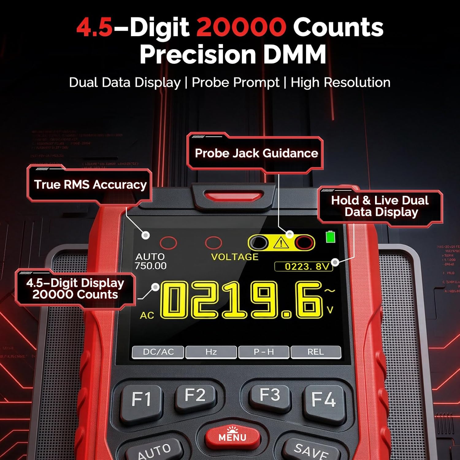Dual Channel Handheld Oscilloscope,70MHz Bandwidth, 3-in-1 Digital Oscilloscope Multimeter with Signal Generator, 200MSa/s Sampling Rate, 20000 Counts with Type-C Fast Charge, Black & Red 2