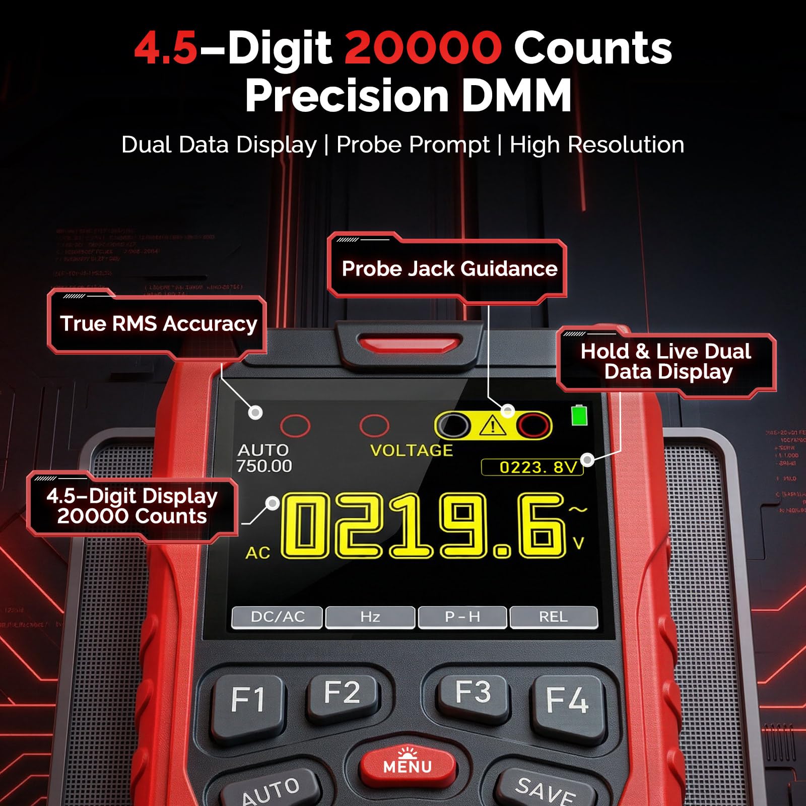 2-Kanal Handheld Oszilloskop, 70MHz Bandbreite, 3-in-1 Digitaloszilloskop Multimeter mit Signalgenerator, 200MSa/s Abtastrate, 20000 Counts, Typ-C Schnellladung, Rot