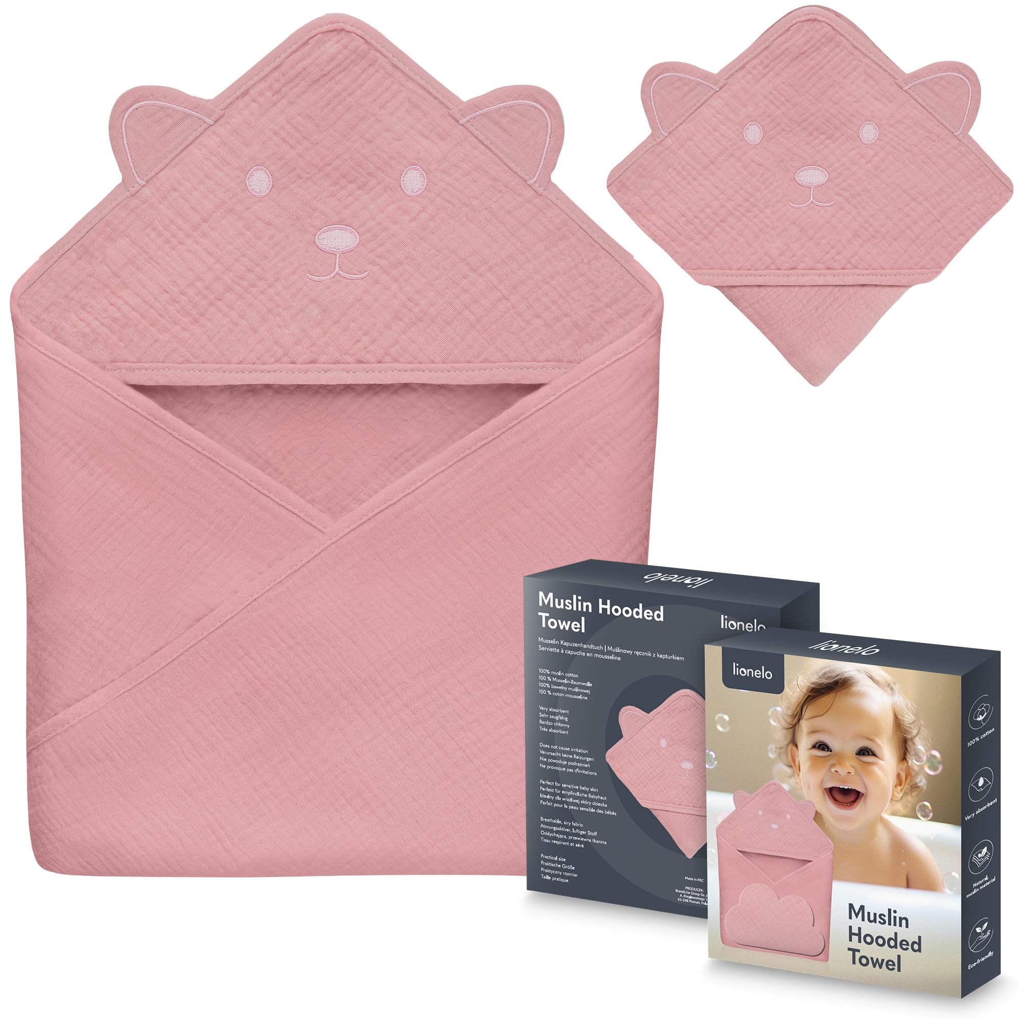 Serviette De Bain Bébé Avec Capuche Lionelo – Mousseline 80x80 Cm, 6 Couleurs – Douce, Absorbante, Respirante