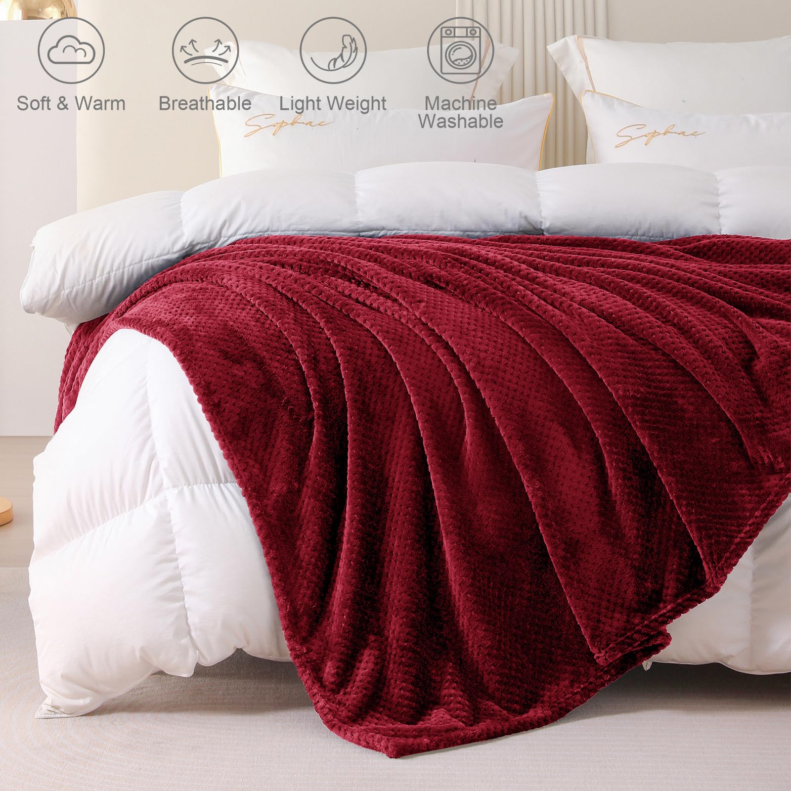 Plaid Couverture Polaire, Jeté de Canapé en Flanelle, Bordeaux 220 x 240 cm, Couverture de Lit Doux et Chaud pour Toutes Les Saisons