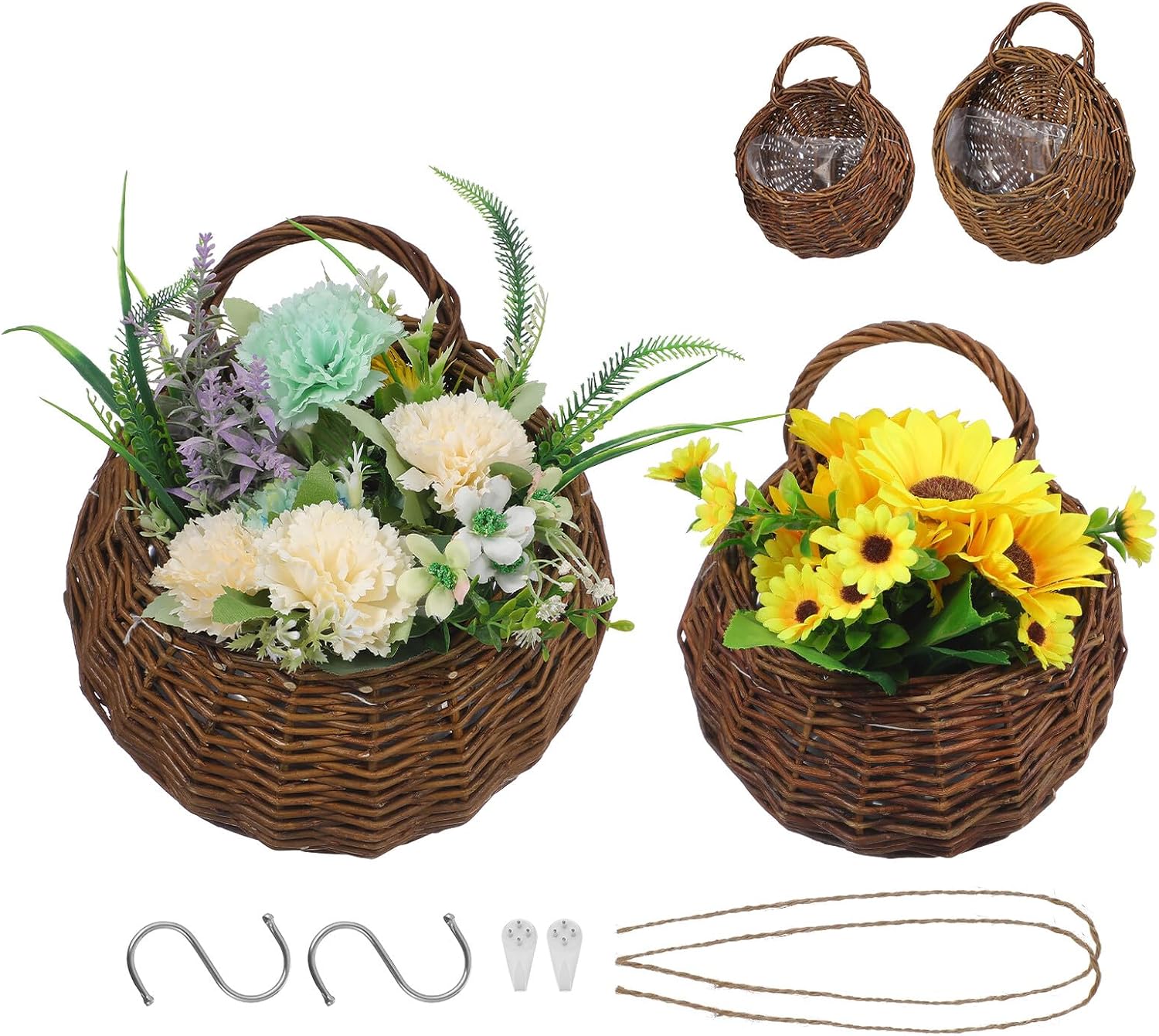 2pcs Wall Hanging Flower Pot Set, Chic Rattan Woven Flower Basket for Indoor Outdoor Plants, Small Medium Sizes with Natural Color for Garden Wall Planter Decor