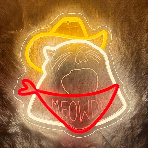 Meowdy - Letreros de neón de gato para decoración de pared, letrero de neón de gatito de vaquero, letreros LED regulables para dormitorio, fiesta de