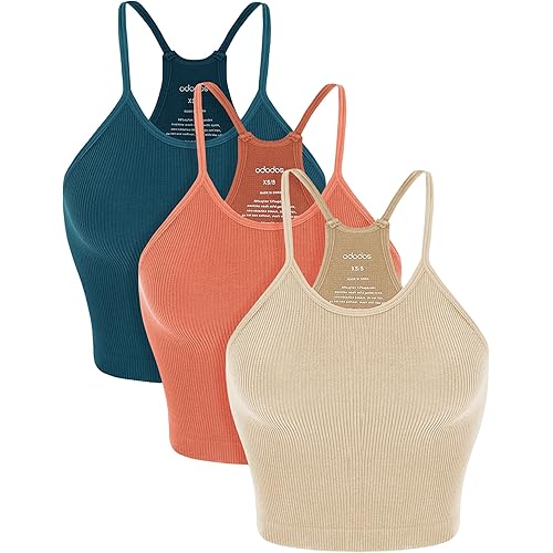 ODODOS Women's Crop 3-Pack Seamless Rib-Knit Camisole Crop Tank Tops