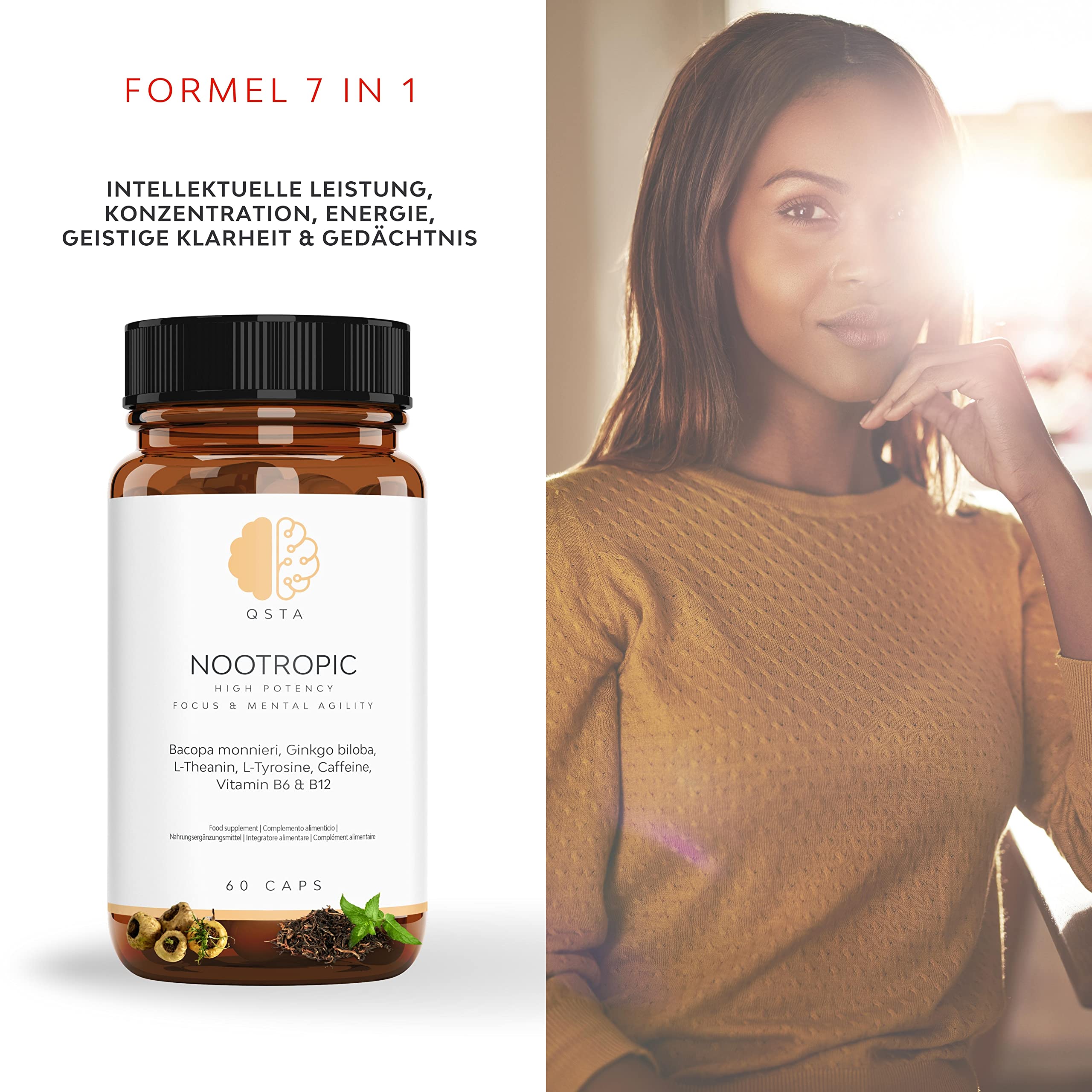 Nootropic – Fortschrittliche Formel zur Kognitiven Unterstützung mit Bacopa, Ginkgo, Tyrosin, Theanin, Koffein, B6 & B12