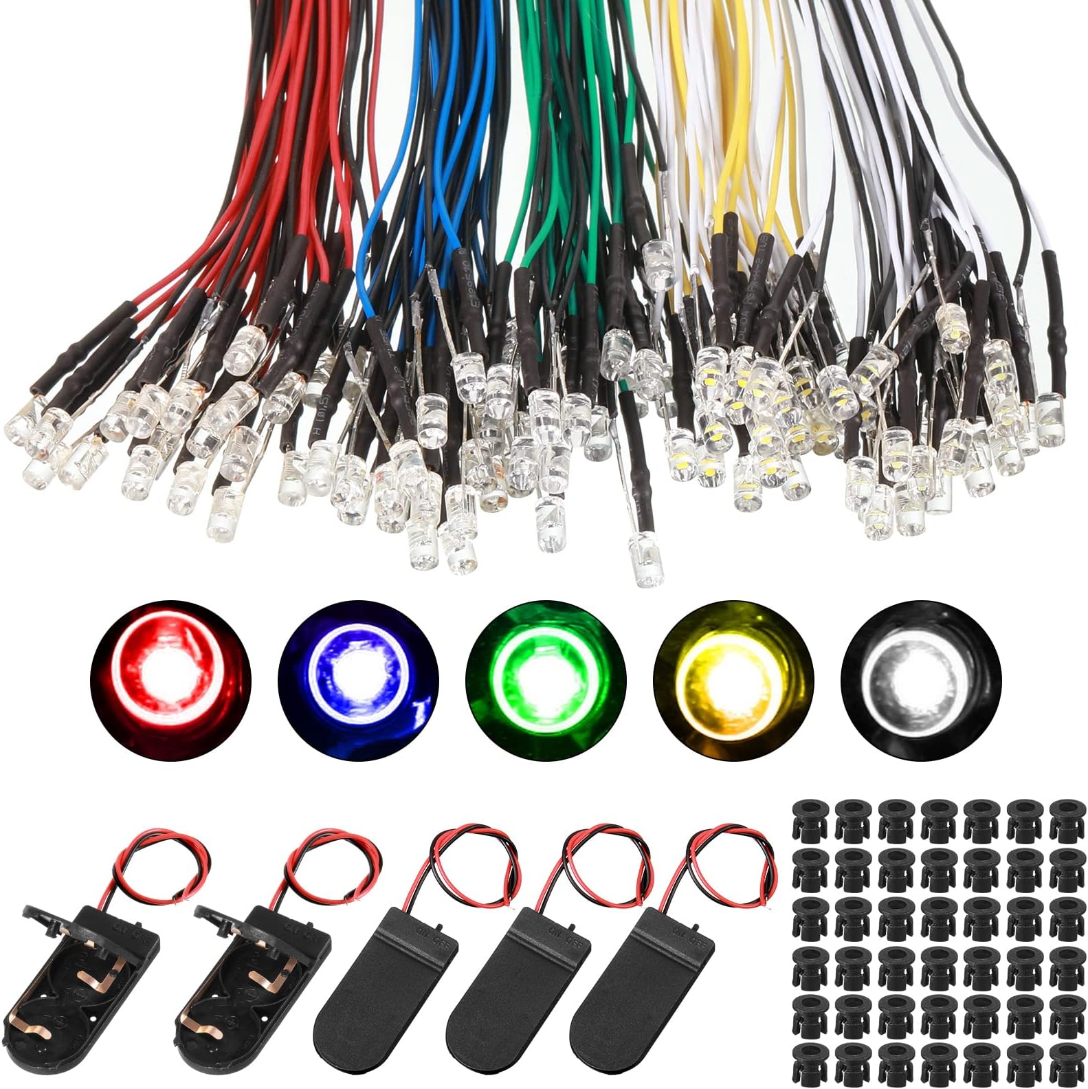 Riakrum 220 Pcs 12v LED Lights Kit 100 Pcs Emitting Diodes Pre Wired LED Lights Diodes with 100 Plastic Holders 20 Battery Holders(Multicolored,3 mm)