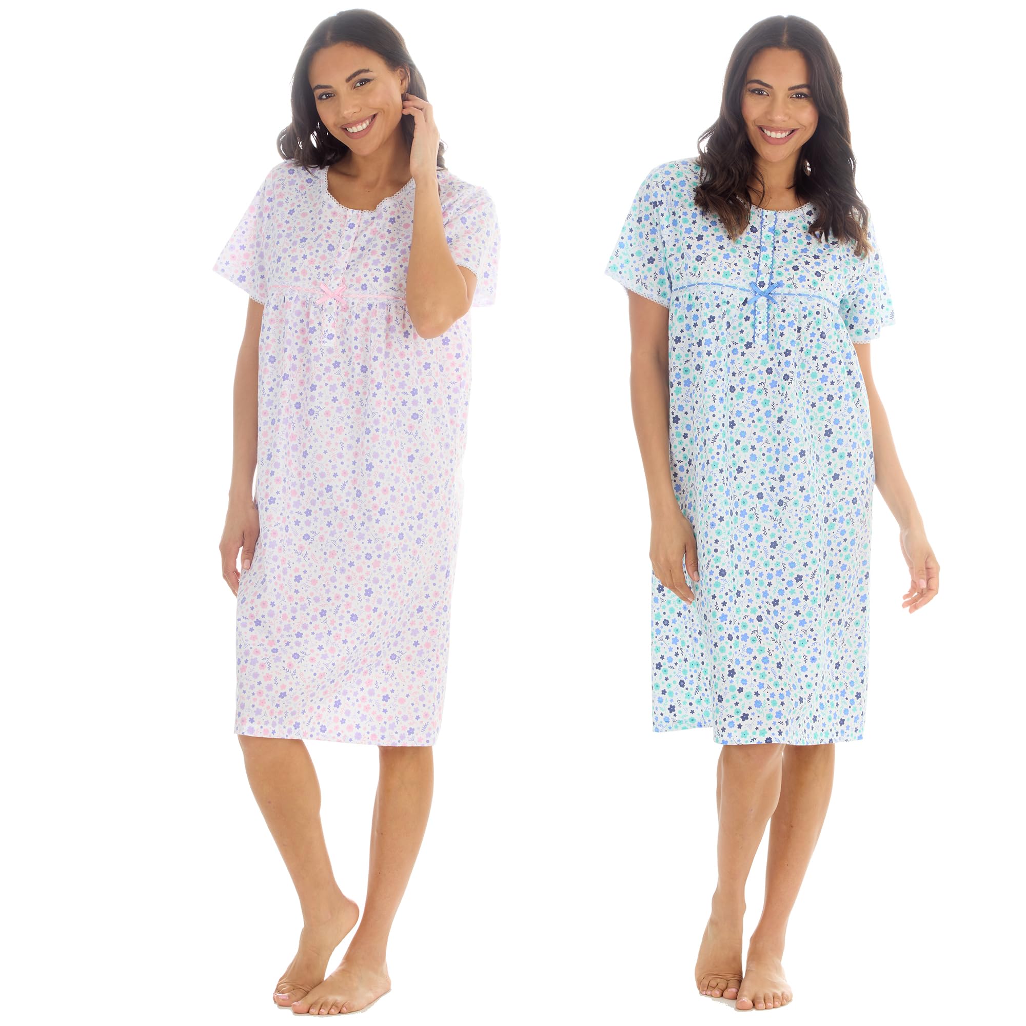 INSIGNIA Womens Pack of 2 Short Sleeve Poly Cotton Woven Nightshirts Nighties (Purple-Pink & Blue -Mint Floral, 18-20)