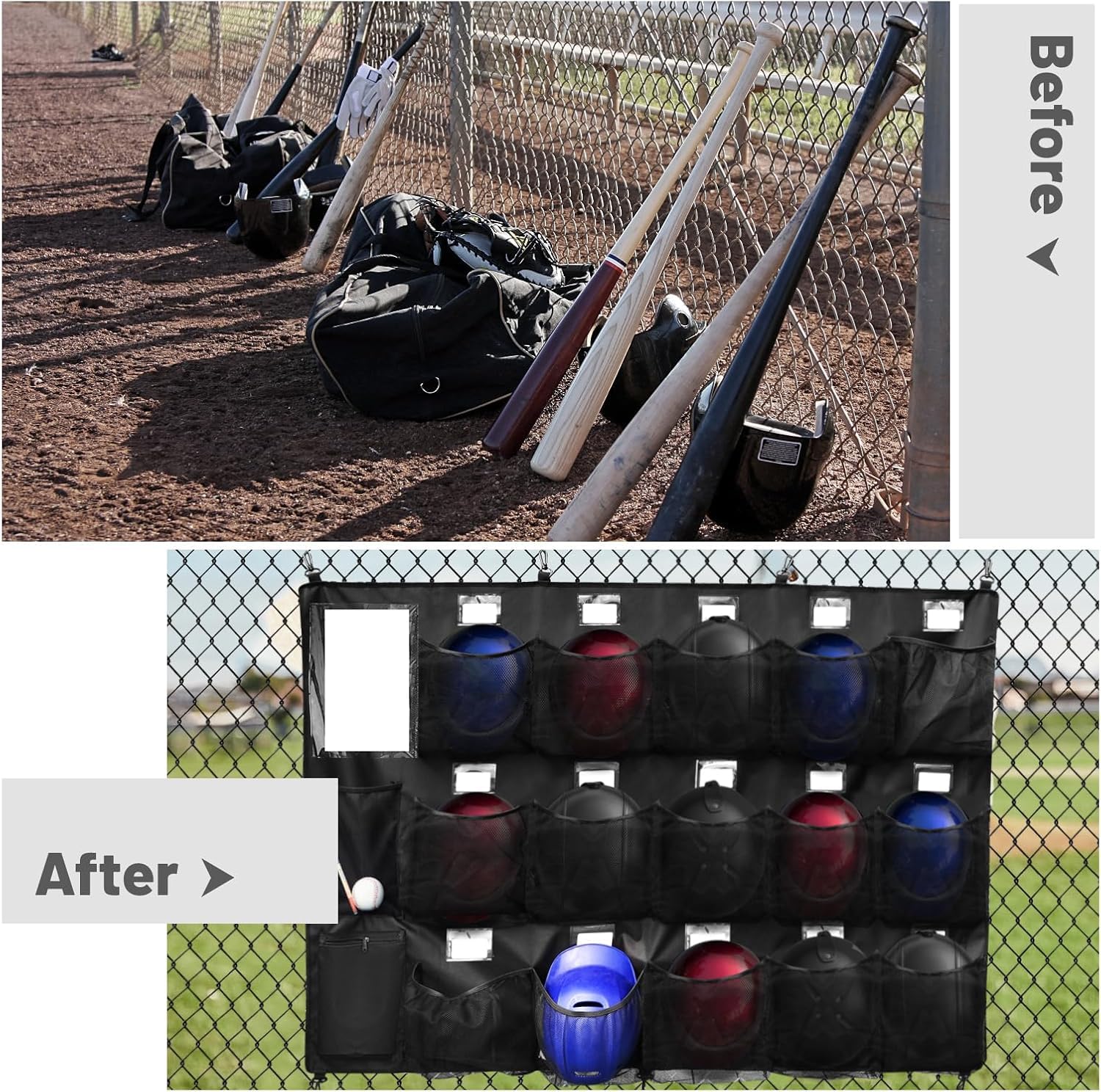 BOOSTEADY Set Completo Organizzatore per Caschi da Baseball con Rastrelliera per Mazze, Borsa di Trasporto e Targhette Nome, Sistema di Stoccaggio Pratico per l'Attrezzatura da Squadra