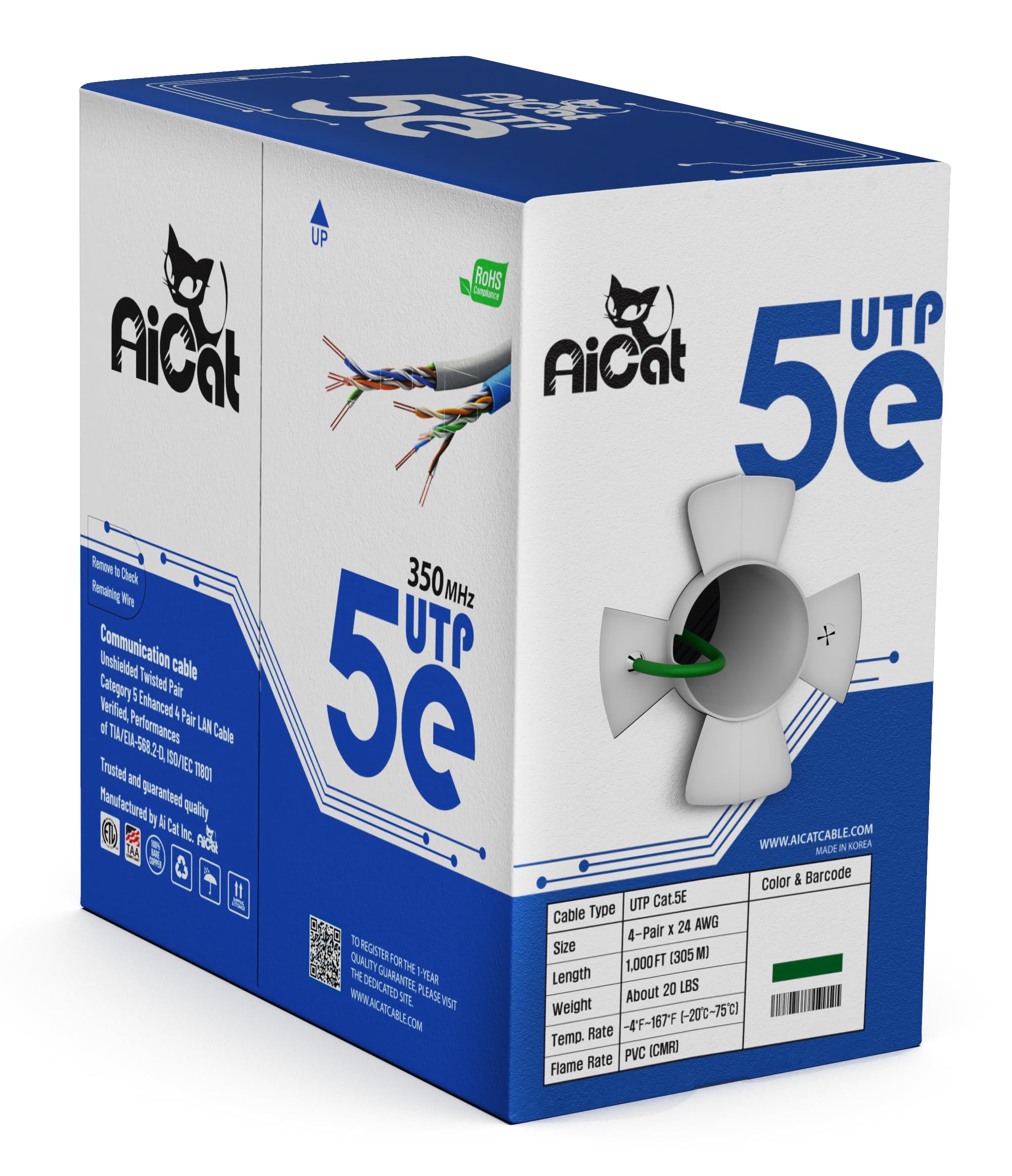 AiCat Cavo Ethernet Cat5e 304,8 m - 24 AWG, CMR, cavo Internet isolato in filo di rame nudo con FastReel - Cavo LAN UTP velocità 350MHZ/Gigabit - UTP, ETL (verde)