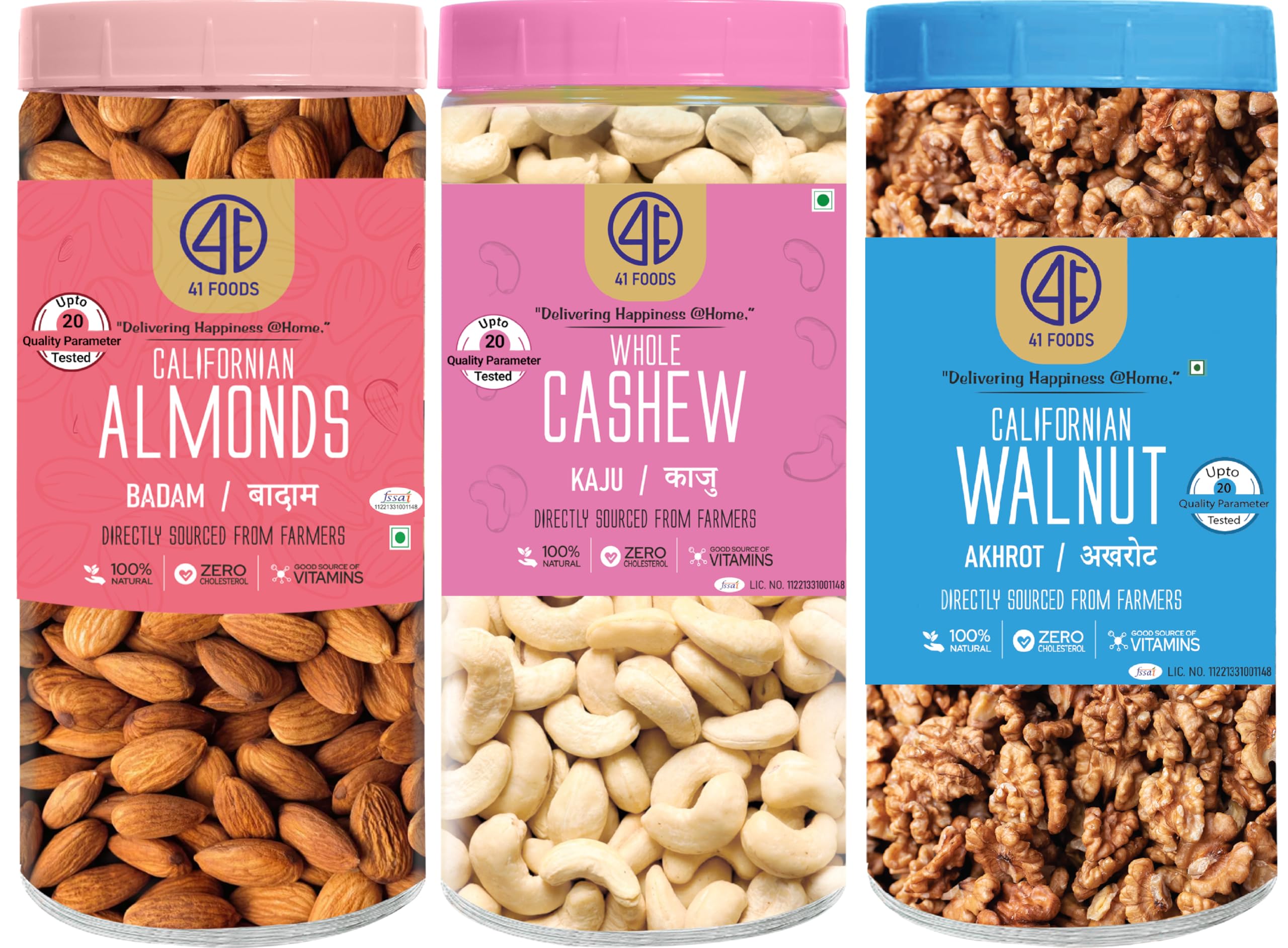 41 FOODS Premium Dry Fruits & Nuts Combo Of Healthy Fresh Raw Whole Cashew Real Californian Almond Californian Walnut Kernal (150Gm X 3) 450 Gram | Badam Kaju Akhrot