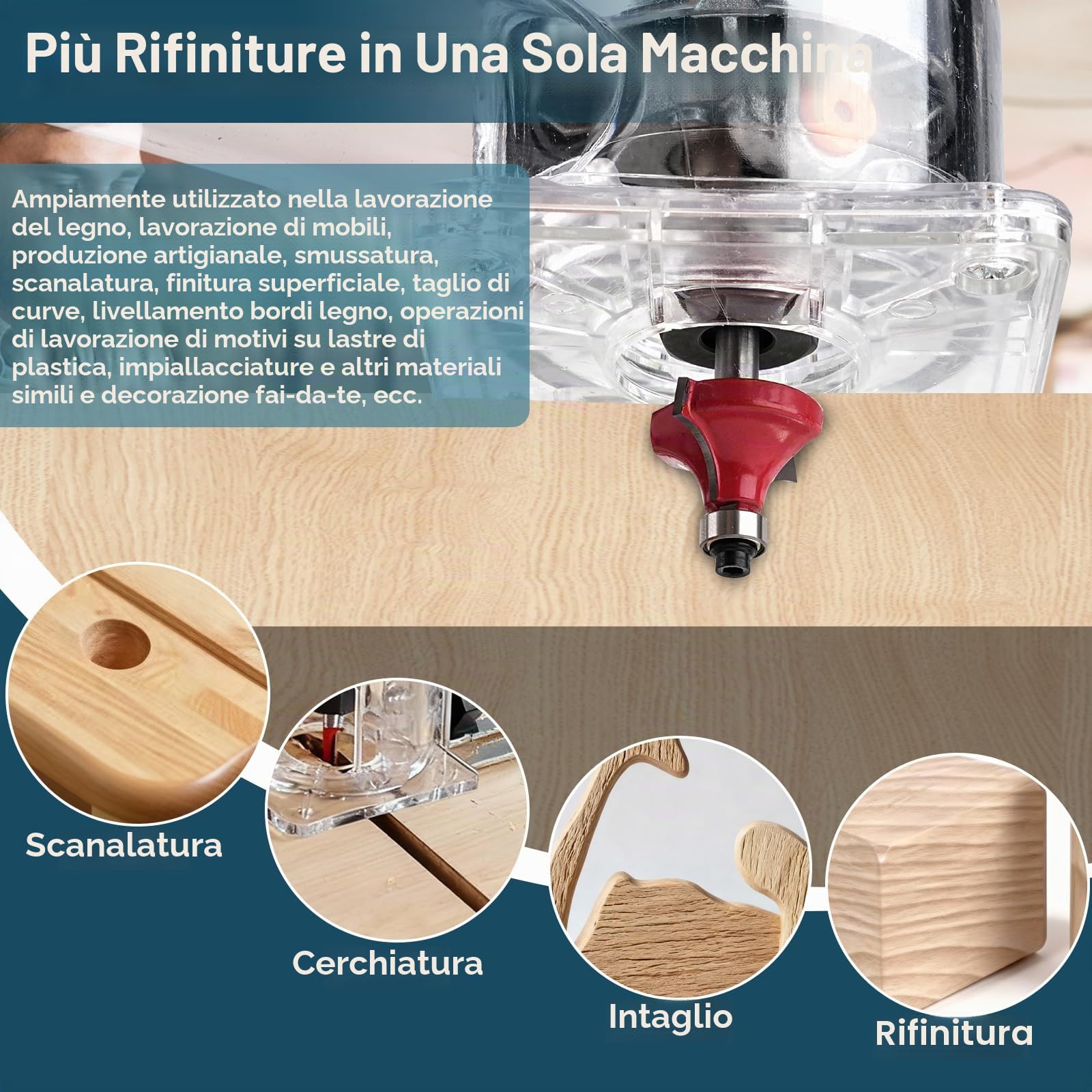 Fresatrice Verticale Legno, 1000w 30000 Rpm Rifilatore Fresatrice Pantografo Elettrica Per Legno Con 6 Velocità Regolabili, Legno Fresa Compatto Palm Trimmer Router Con 15 Pezzi 1/4" Fresatura