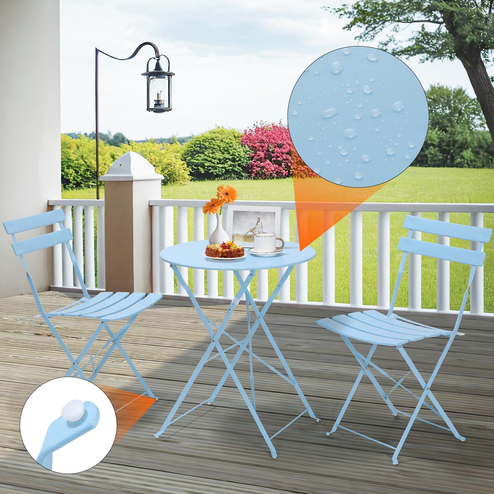 Zestaw Bistro 3-Częściowy, Zestaw Bistro na Balkon z 2 Składanymi Krzesłami, Zestaw Mebli Balkonowych, Zestaw Mebli Ogrodowych, Składany Stół i Krzesła, Metalowy Zestaw Balkonowy, Niebieski