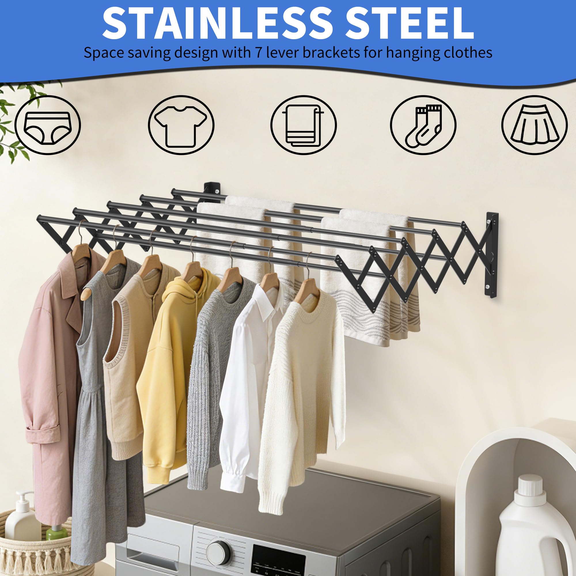 OUUTMEE Étendoir à linge mural extensible | Porte-serviettes pliable en acier inoxydable | 42 à 80 cm | Étendoir à linge rétractable pour intérieur ou extérieur, salle de bain, balcon, noir, taille M