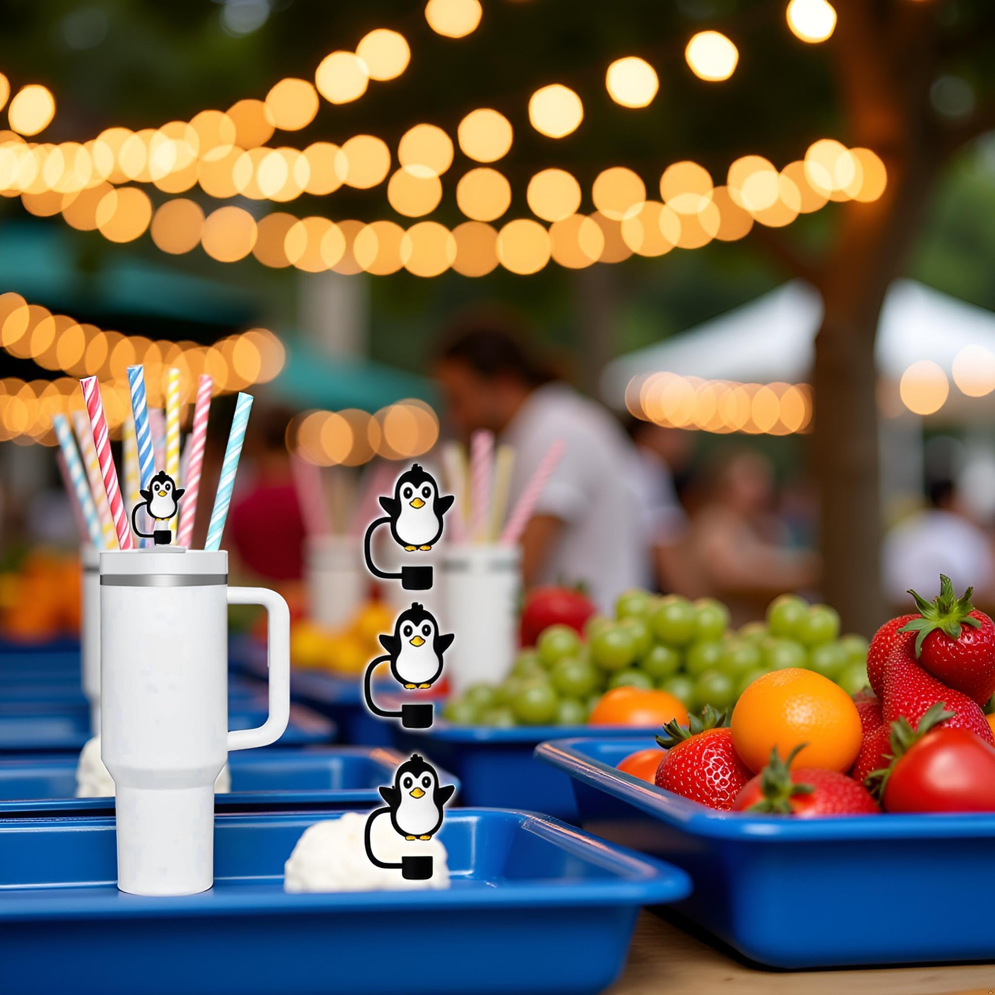 Schwarze Pinguin-Strohhut Abdeckkappe Für Stanley Cup – 10 Mm Silikon, Wiederverwendbar, Niedlich