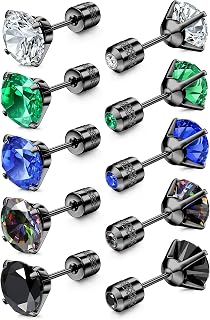 5 Pairs Titanium Screw Back Surgical Stainless Steel Stud Earrings for Women Men,Rainbow 5A Cubic Zirconia Studs Double Side Earrings Piercing Sleeper Studs Jewelry 6mm