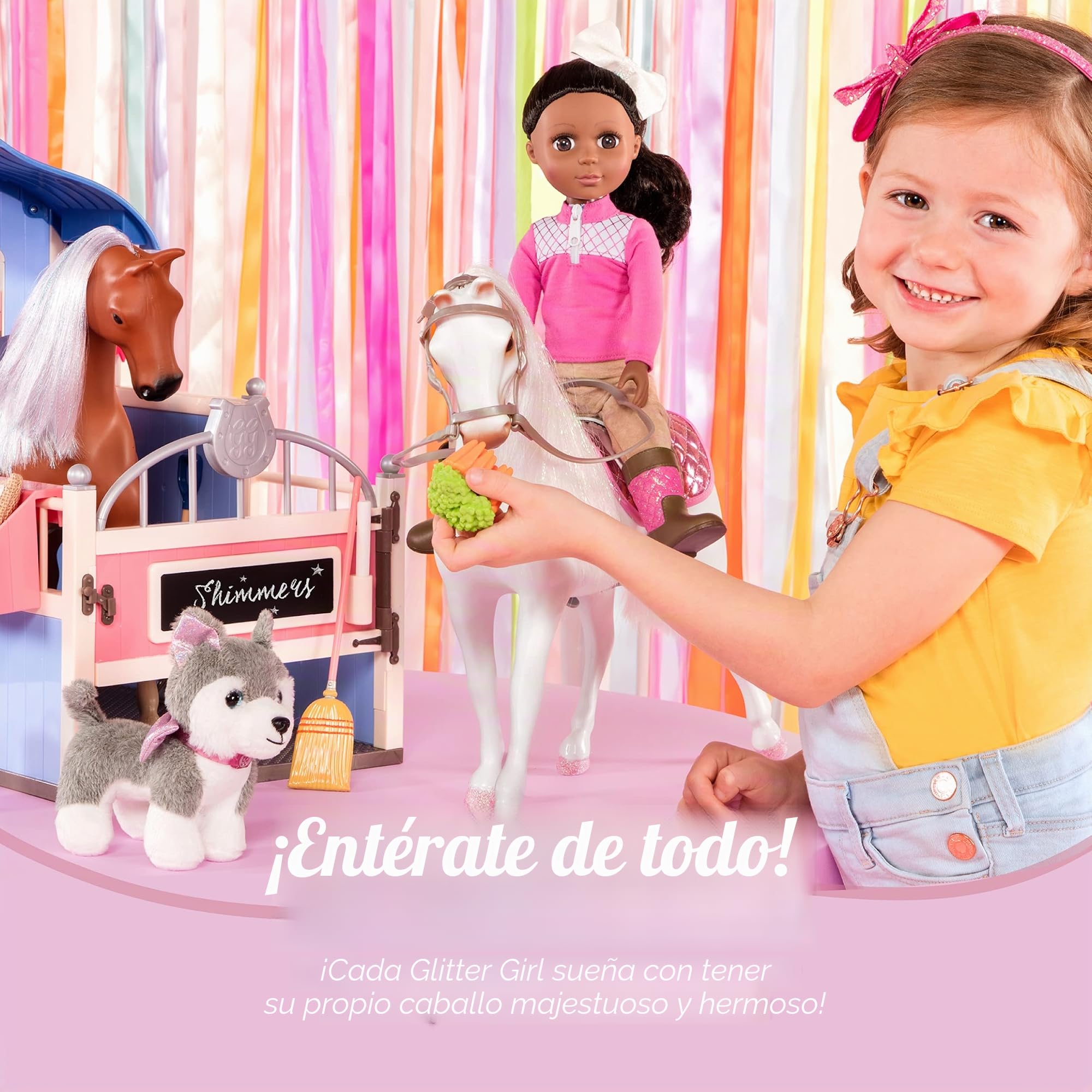 Glitter Girls - Calzas - Caballo Noruego de 36 cm - Caballo con Crin y Cola Rosas + Accesorios de golosinas - Cepillo Ecuestre y rascador para Caballos - Accesorios para muñecas de 36 cm - 3 años +