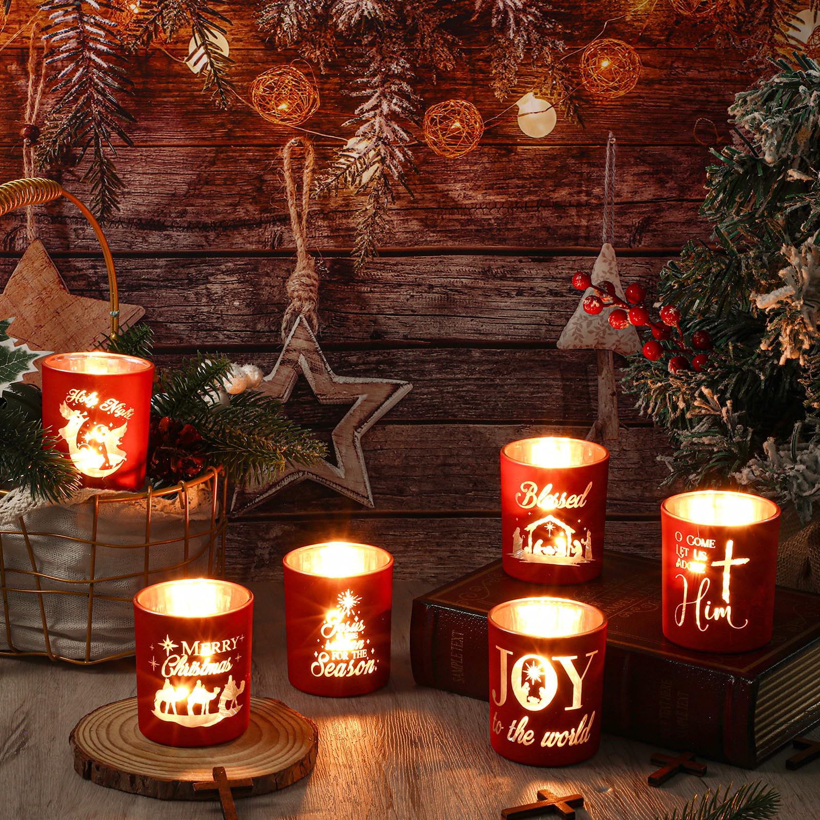 Mumufy 6 portavelas de Navidad con 10 juegos de velas de té, portavelas votivos de Adviento de Navidad, portavelas de cristal rojo, para decoración de centro de mesa de Navidad, fiesta en casa, boda