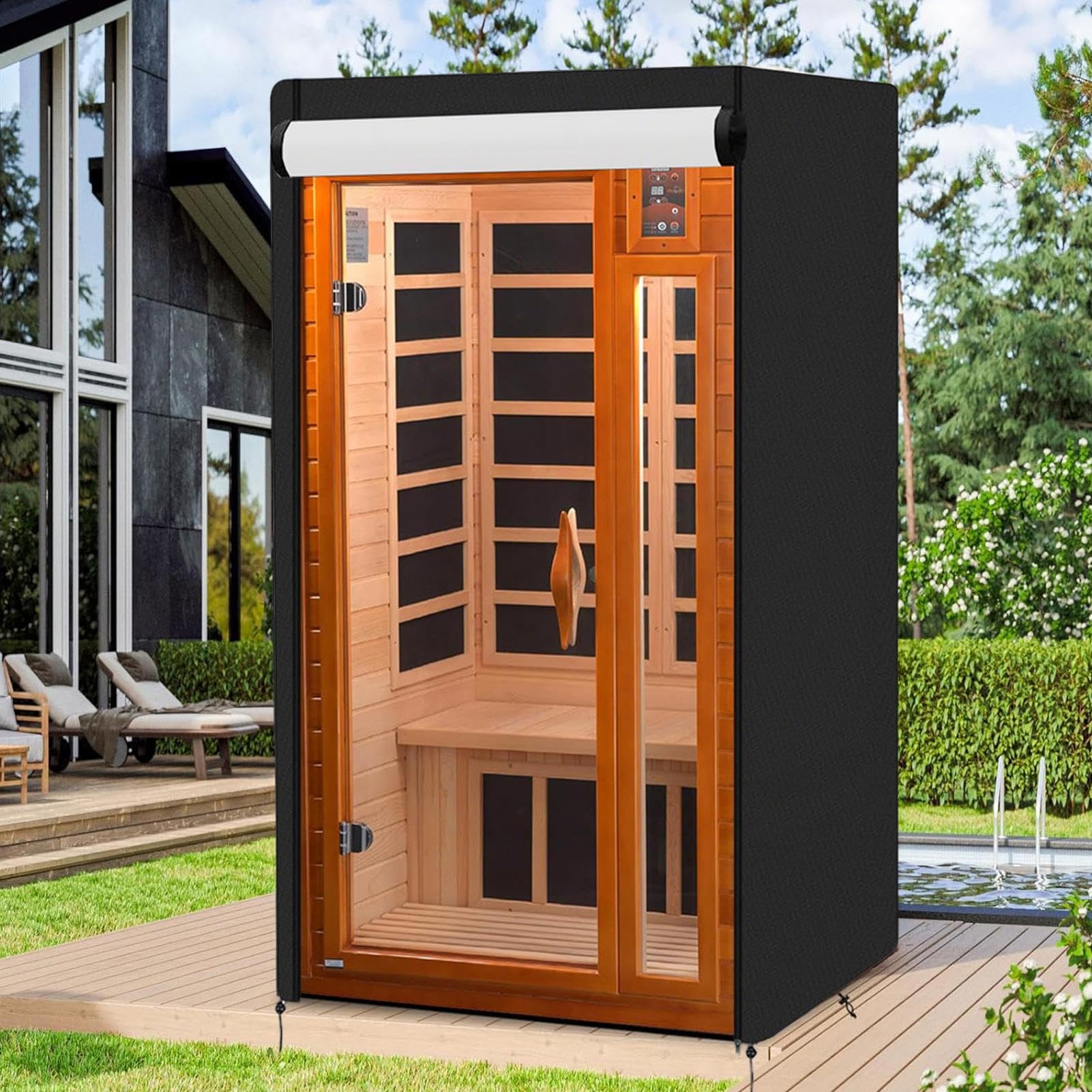 Abdeckhaube für Outdoor Sauna Wasserdicht - UV-beständig & Reißfest Schutzhülle - Premium Oxford-Gewebe Gartensauna Abdeckung Schwarz - Staubdicht & Wetterfest für Infrarotkabine & Heimsauna