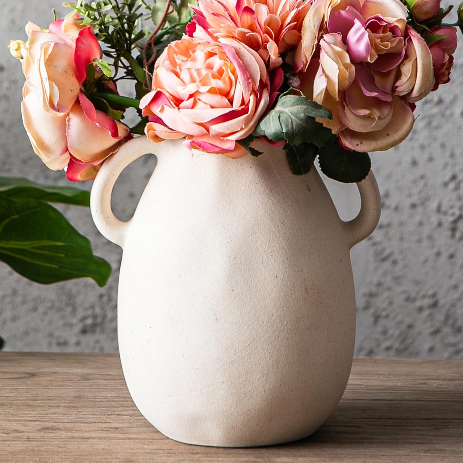 Kimdio White Ceramic Vase with 2 Handles – Sand-Glazed Clay Pottery Vase for Dried Flowers, Rustic Modern Table Decor, Farmhouse Boho Shelf Decoration - Image 2