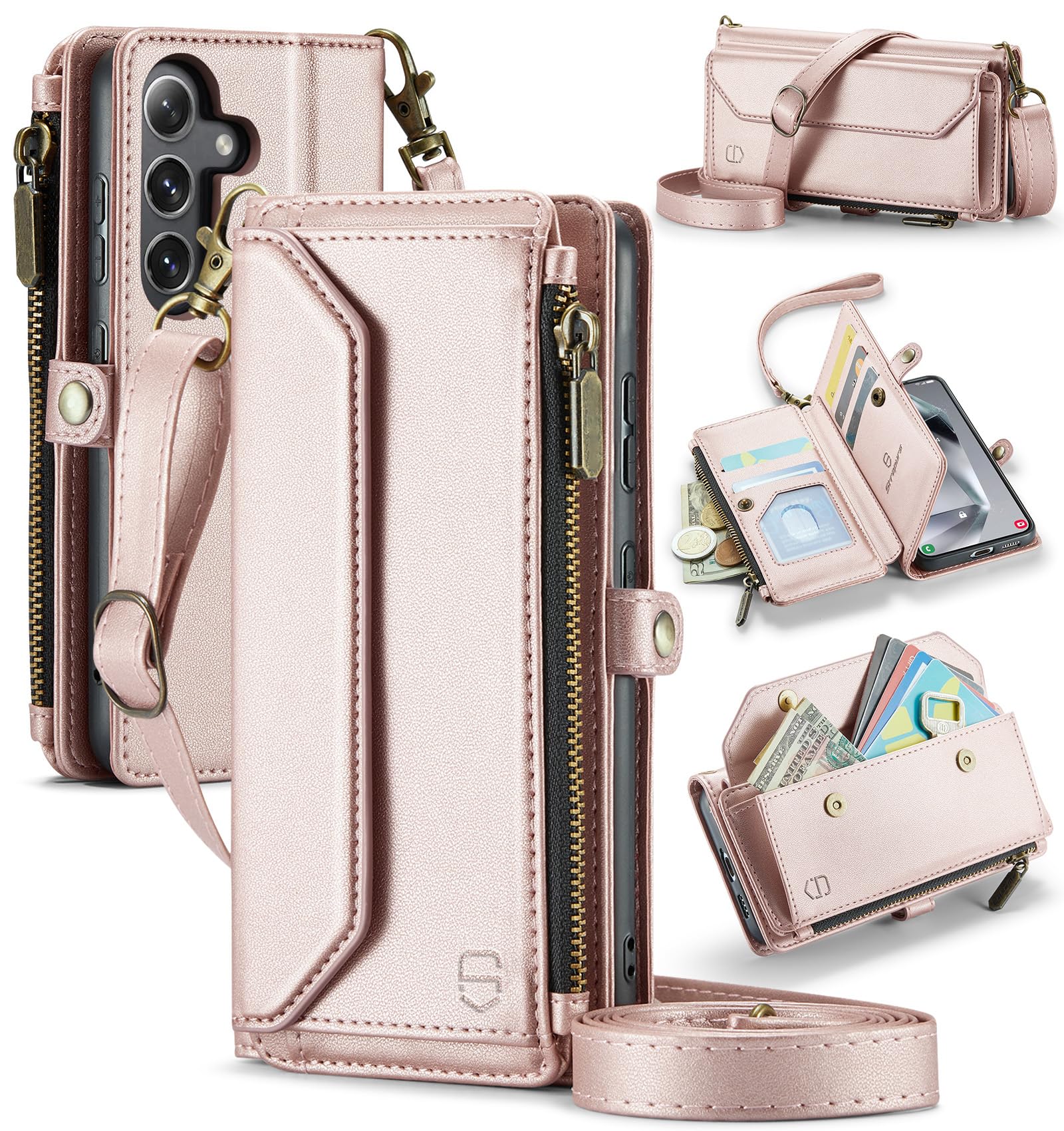 Strapurs Wallet Case Compatible with Samsung Galaxy S24 5G RFID Blocking Card Holder Soft PU Leather Magnetic Snap Shoulder Strap Zipper Pocket Phone