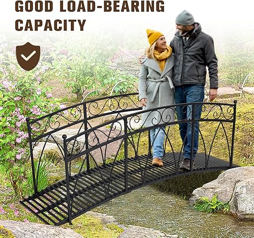 Miniatura 7 de Puente de jardín de metal de 8 pies con carriles laterales con patrones de seguridad, puente de arco de hierro decorativo para exteriores, puente
