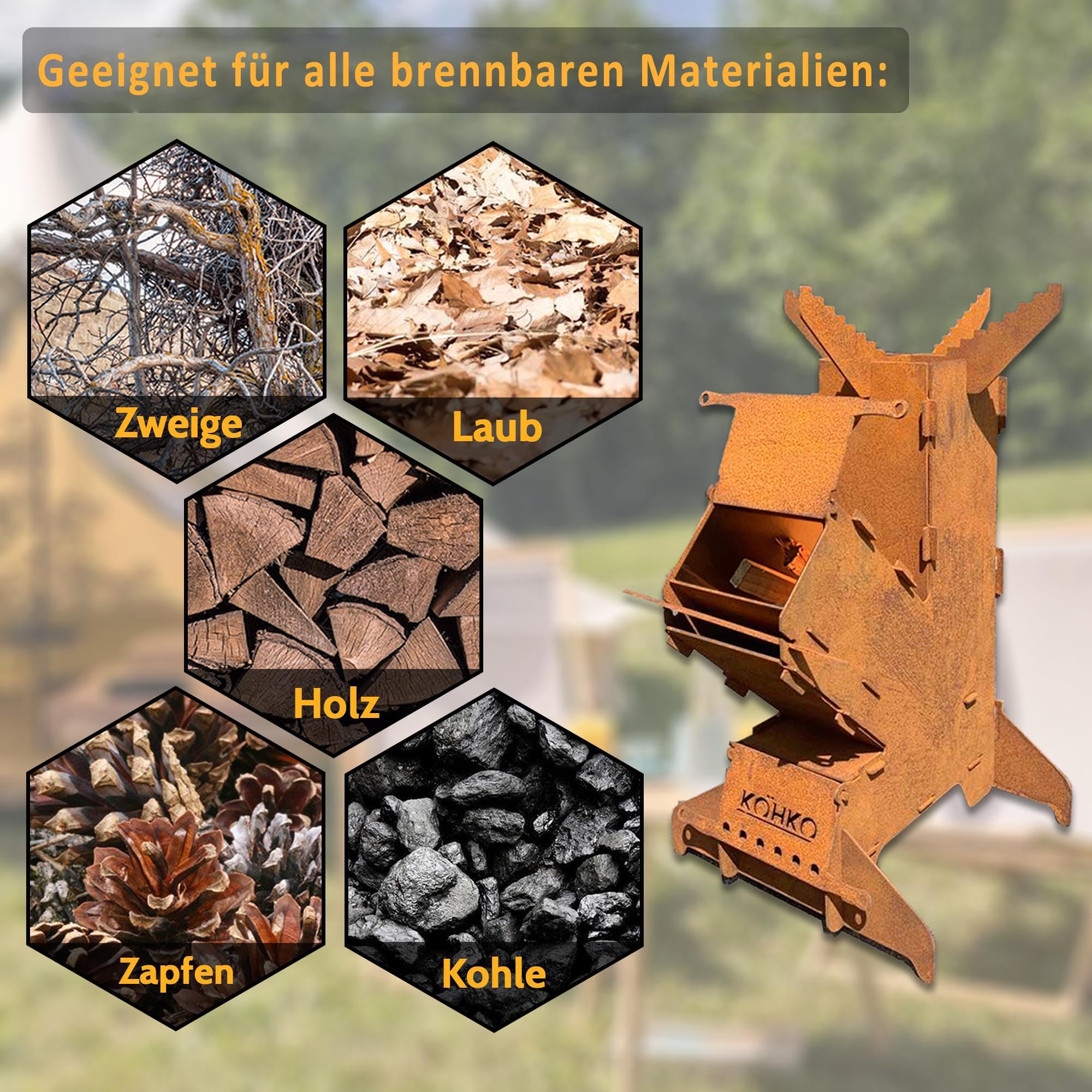 Köhko® Poêle à fusée L Rocket Stove - En acier corten de 3 mm - Pour extérieur - Pour barbecue, barbecue, camping, cuisine multifonctionnelle pour l'extérieur